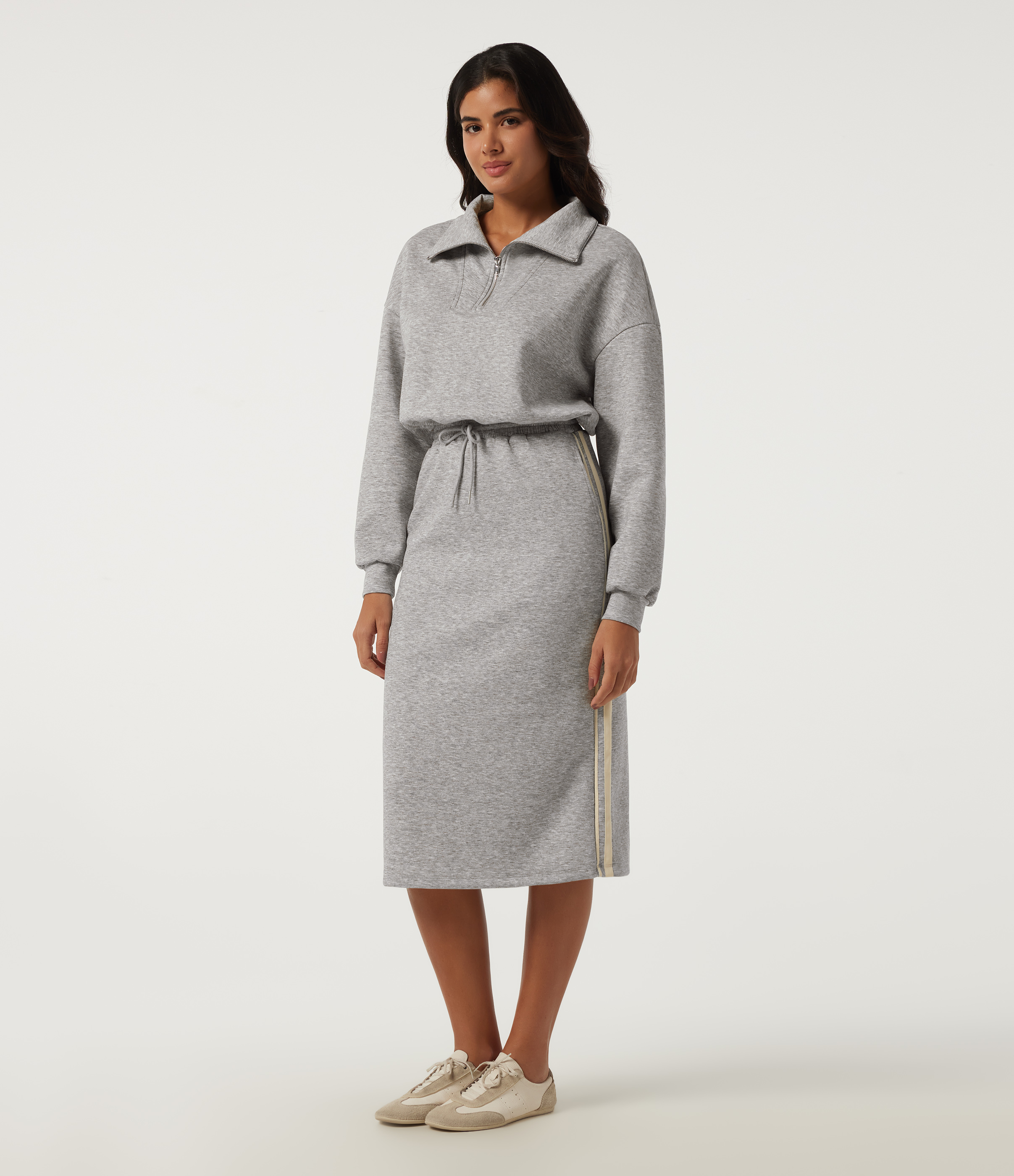 Stand Collar Long Sleeve Drawstring Side Stripe Casual Midi Sweatshirt Dress with Pockets