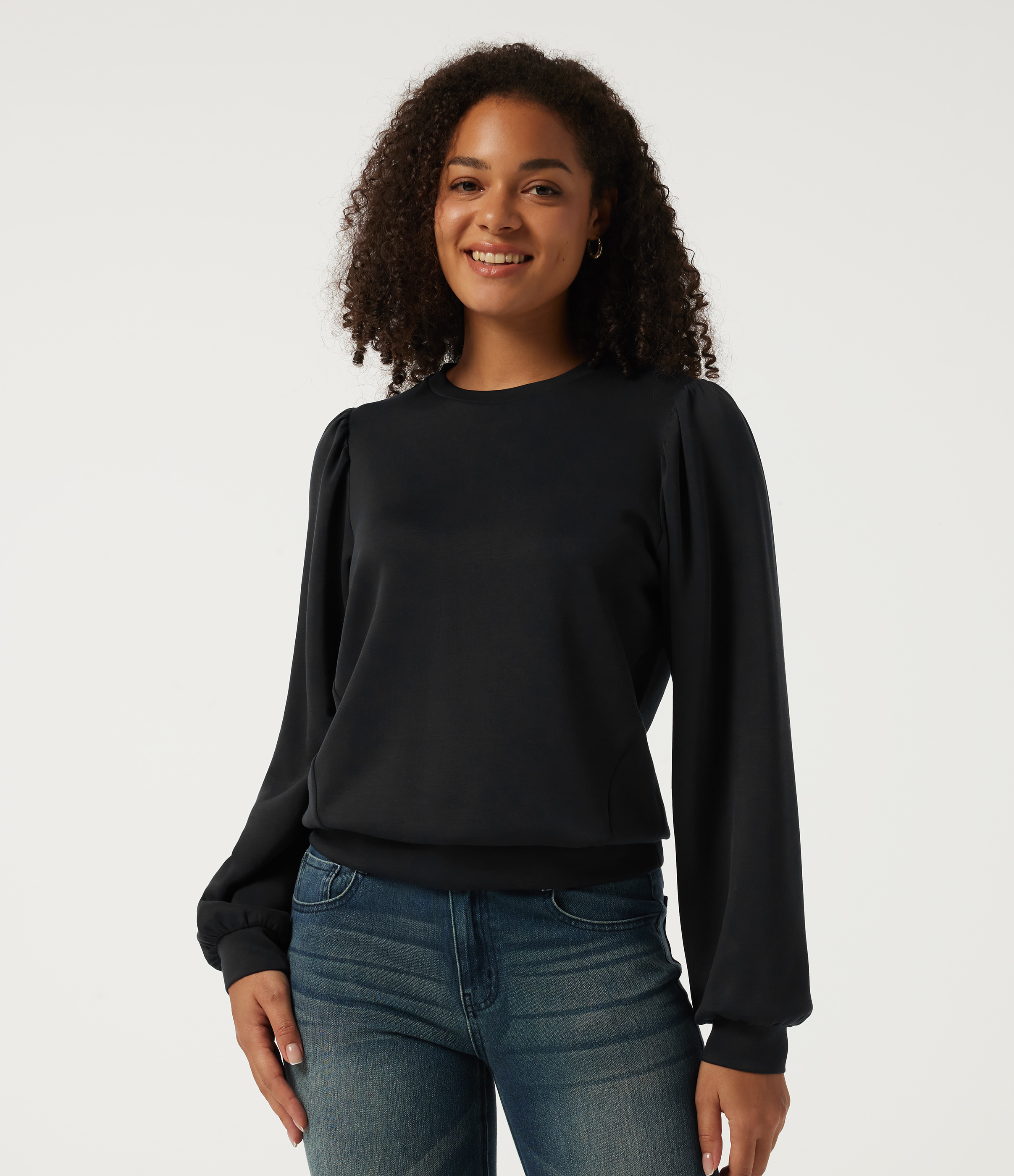 Round Neck Puff Long Sleeve Ruched Casual Sweatshirt
