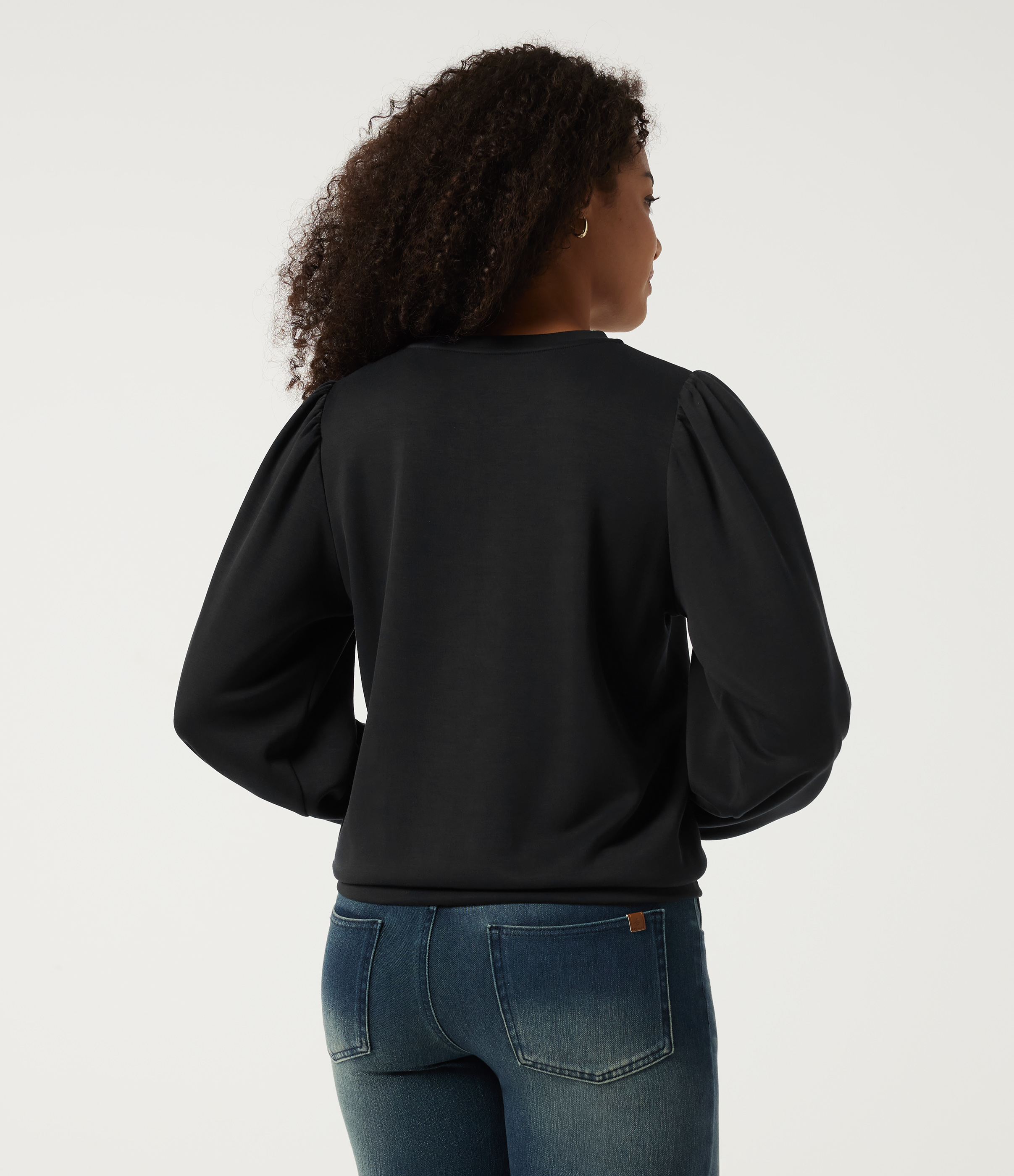 Black Round Neck Puff Long Sleeve Ruched Casual Sweatshirt / 2