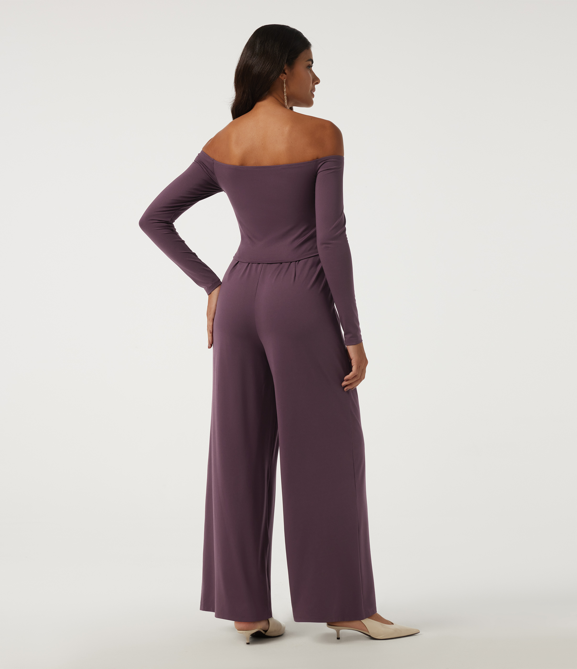 Plum Wine Off Shoulder Long Sleeve Built-in Bra Wide Leg Tie Side Party Jumpsuit with Pockets-Easy Peezy Edition / 2