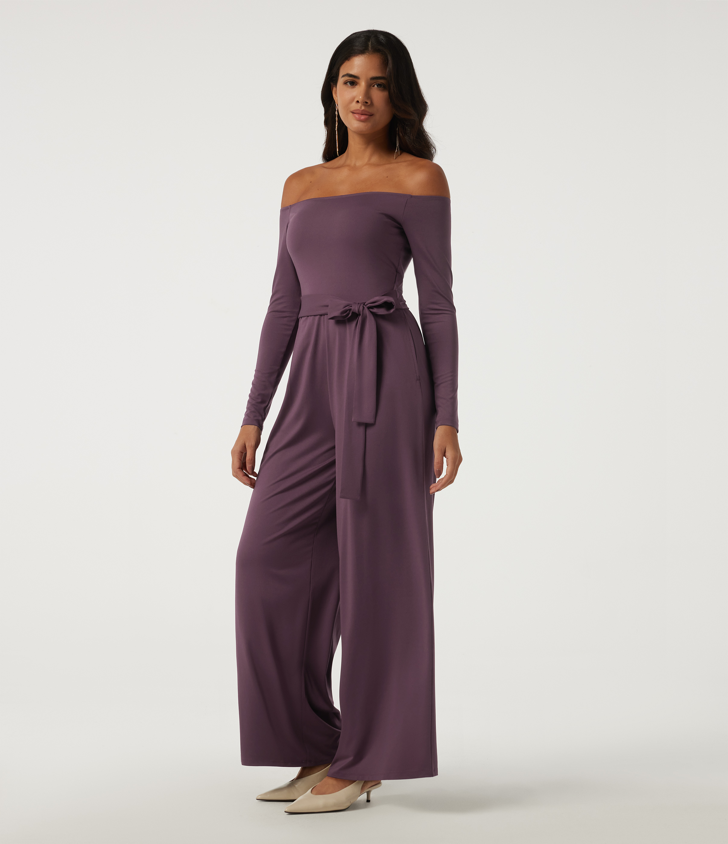 Plum Wine Off Shoulder Long Sleeve Built-in Bra Wide Leg Tie Side Party Jumpsuit with Pockets-Easy Peezy Edition / 1