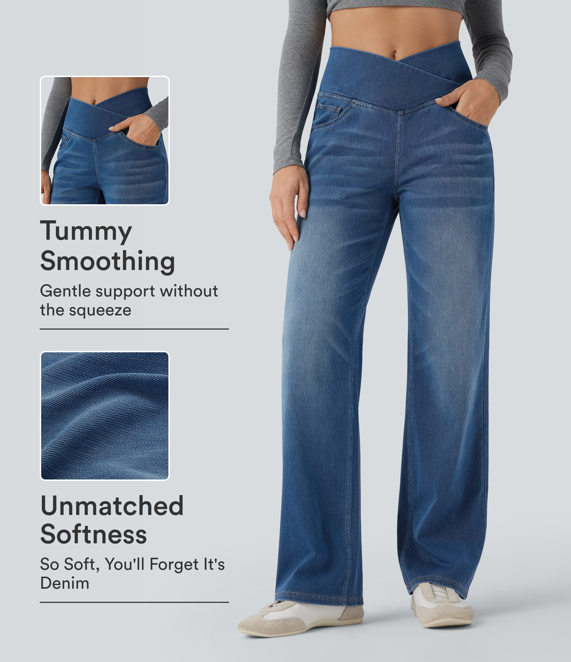 Halara Flex™ Crossover High Waisted Tummy Control Casual Straight Leg Jeans with Pockets