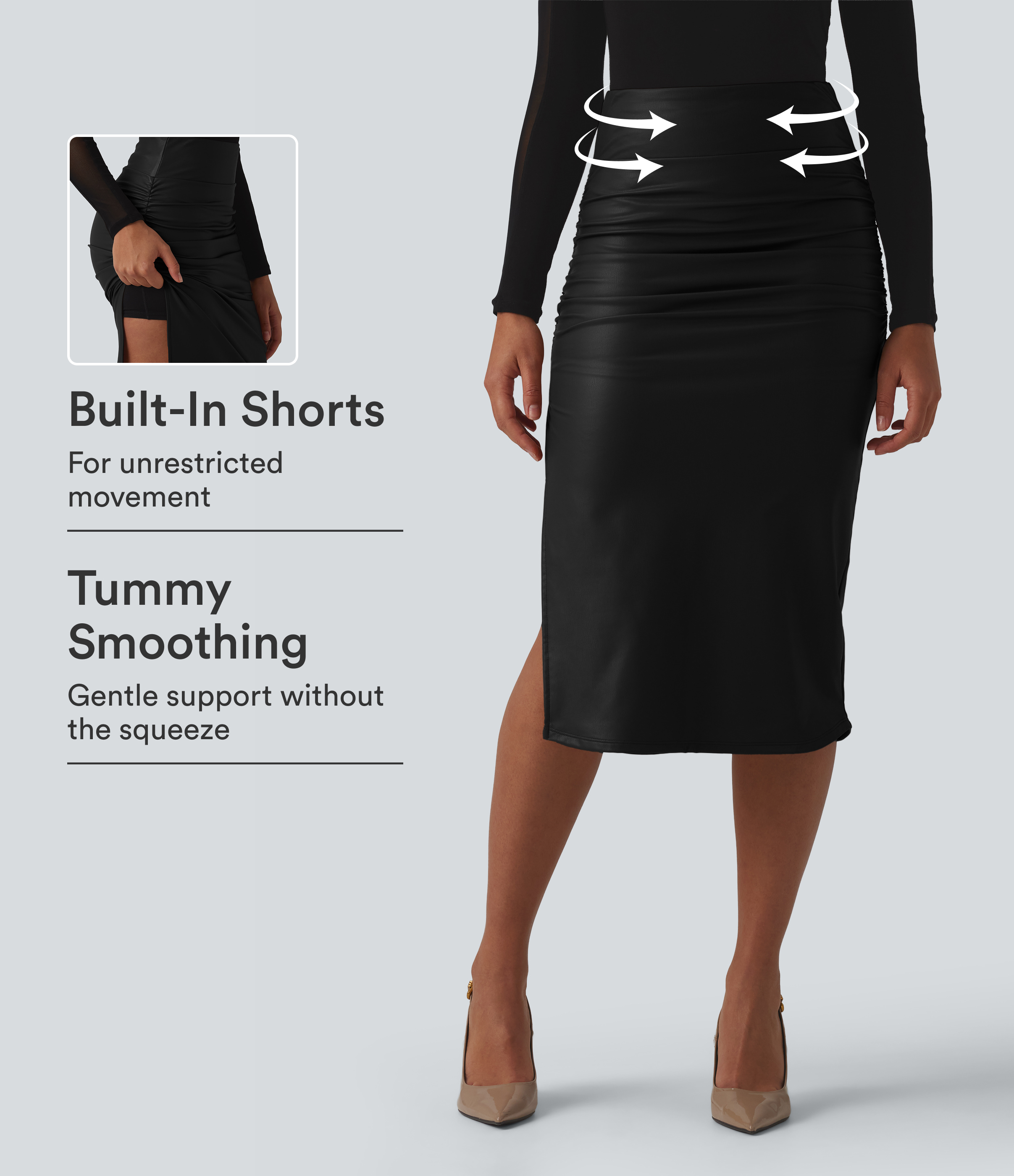 High Waisted Tummy Control Ruched Curved Hem 2-in-1 Fleece PU Midi Casual Skirt