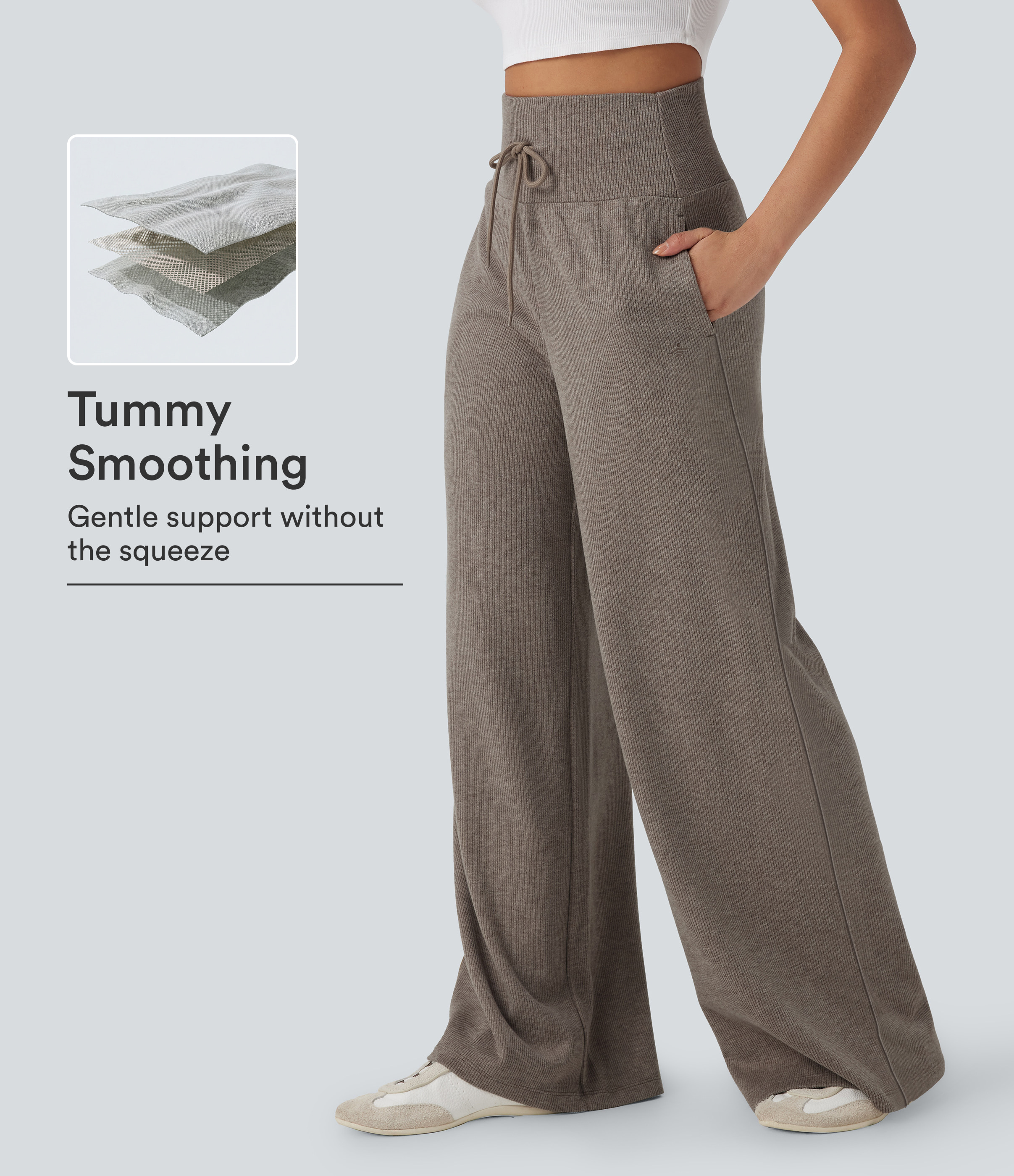 Ribbed Knit High Waisted Tummy Control Drawstring Casual Wide Leg Baggy Pants with Pockets
