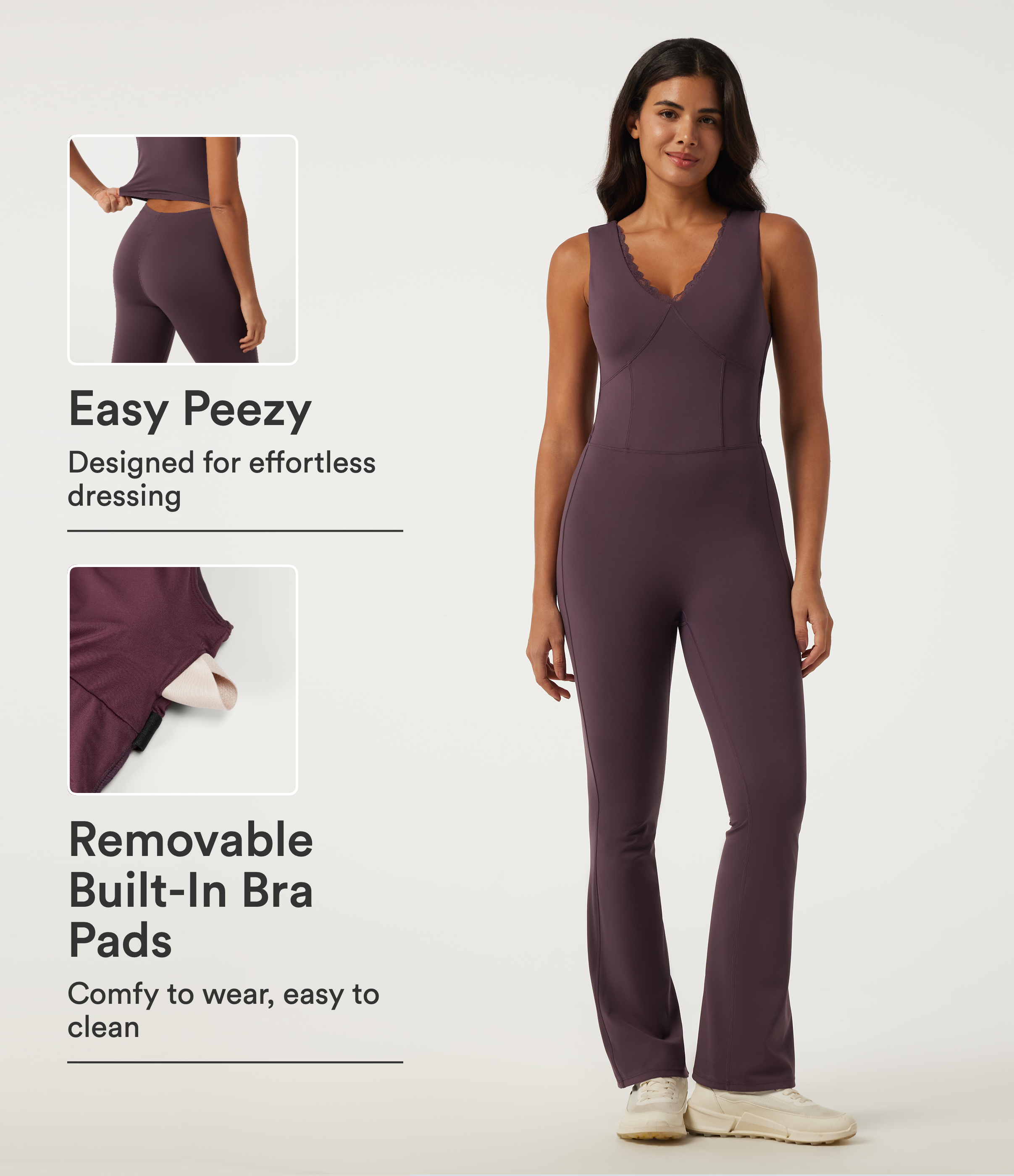 SoftlyZero™ Airy V Neck Sleeveless Contrast Lace Yoga Jumpsuit with Built-in Bra - Easy Peezy Edition