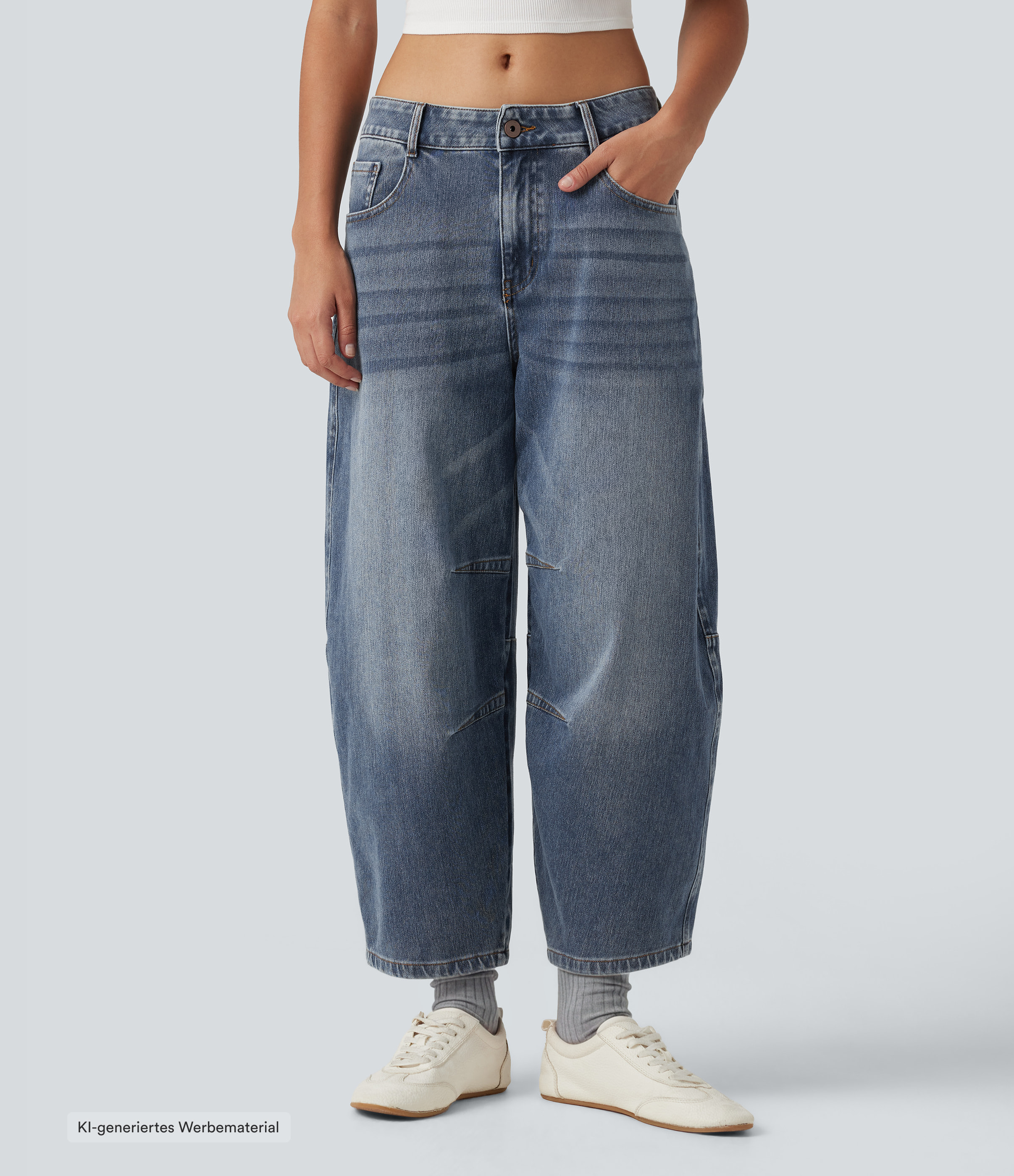 Halara Flex™ Barrel-Leg-Jeans aus elastischem Strick-Denim mit niedrigem Bund, Knopf, Reißverschluss und mehreren Taschen
