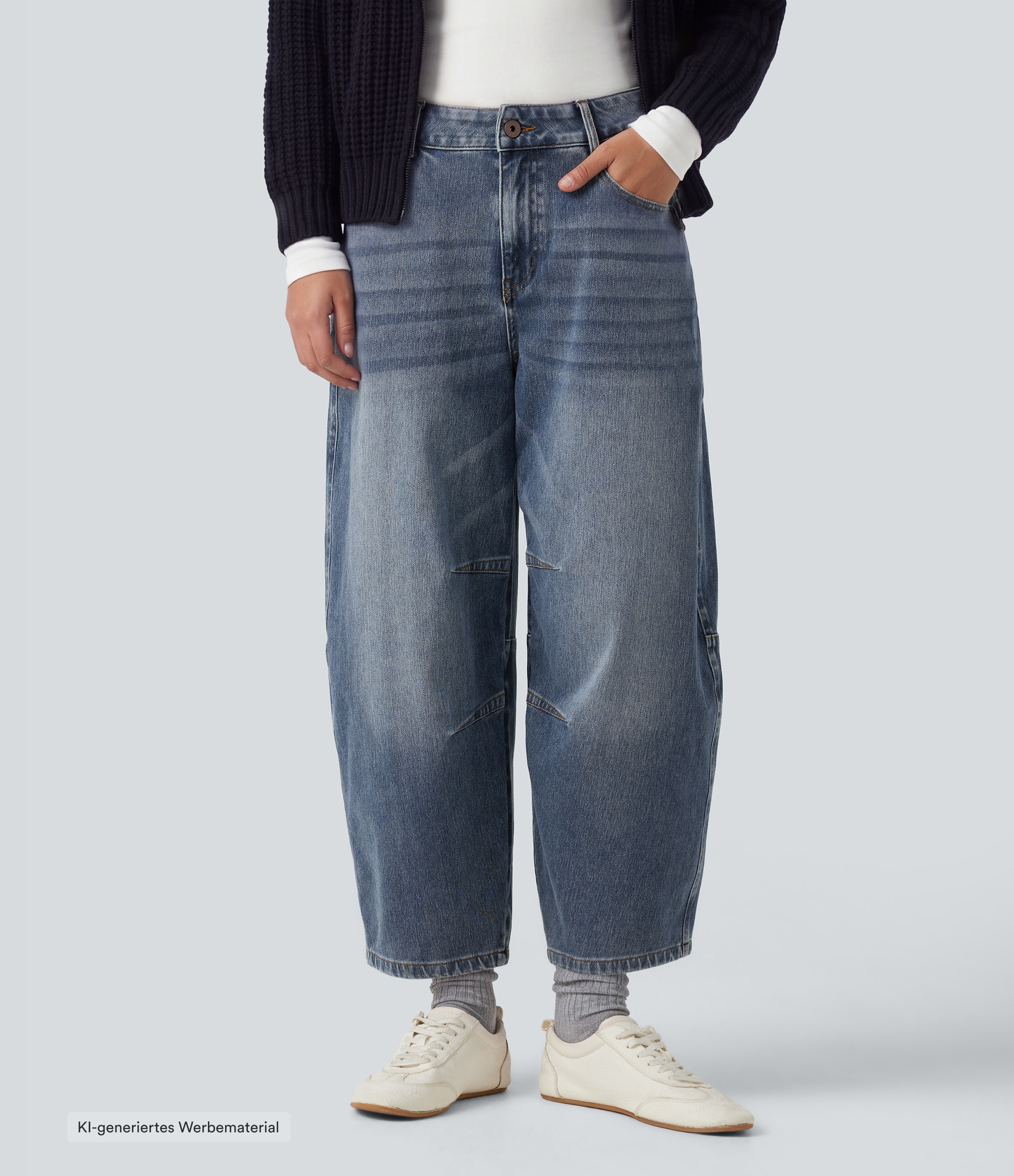 Halara Flex™ Barrel-Leg-Jeans aus elastischem Strick-Denim mit niedrigem Bund, Knopf, Reißverschluss und mehreren Taschen