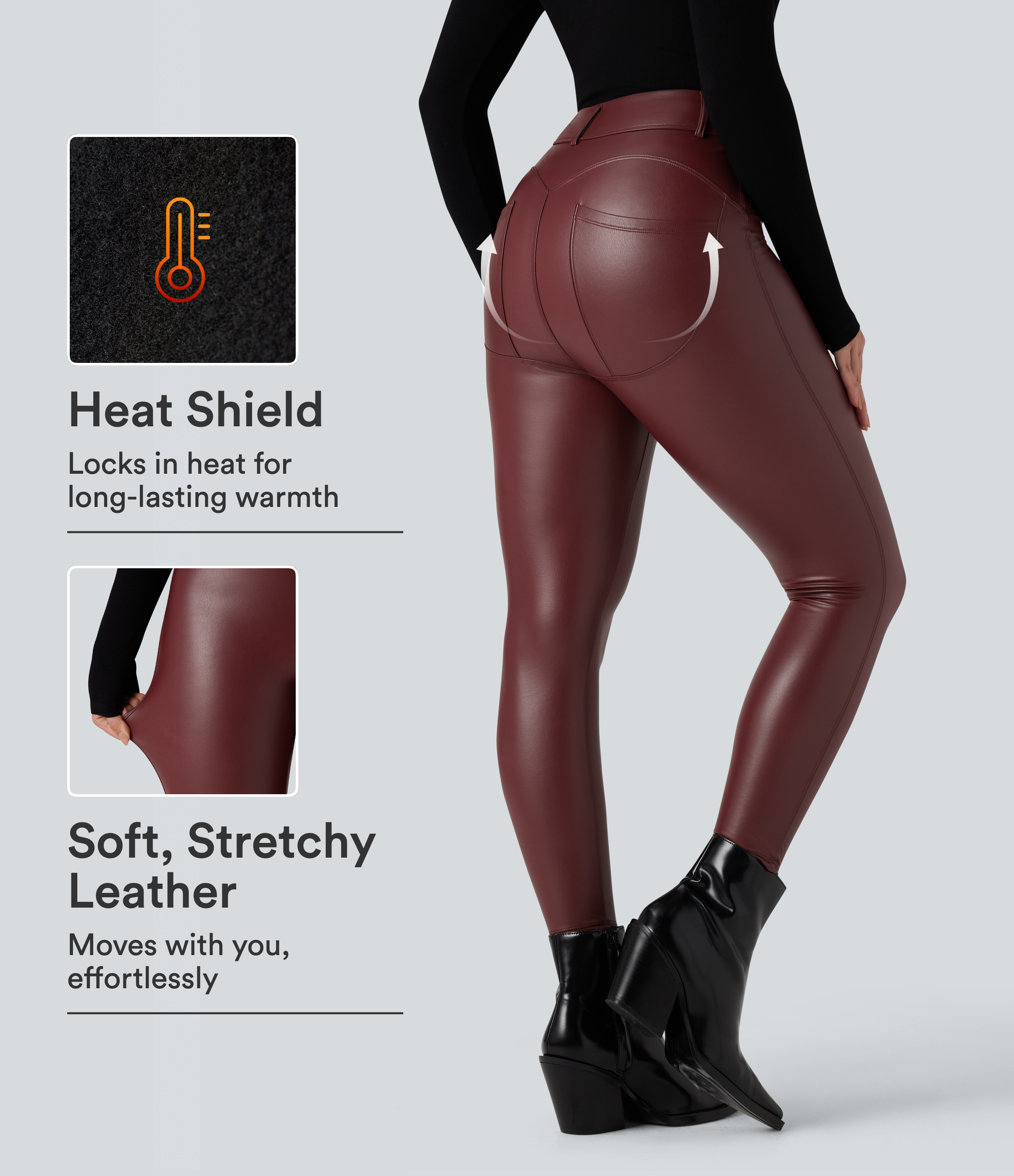 High Waisted Stretchy PU Fleece Casual Leggings with Pockets