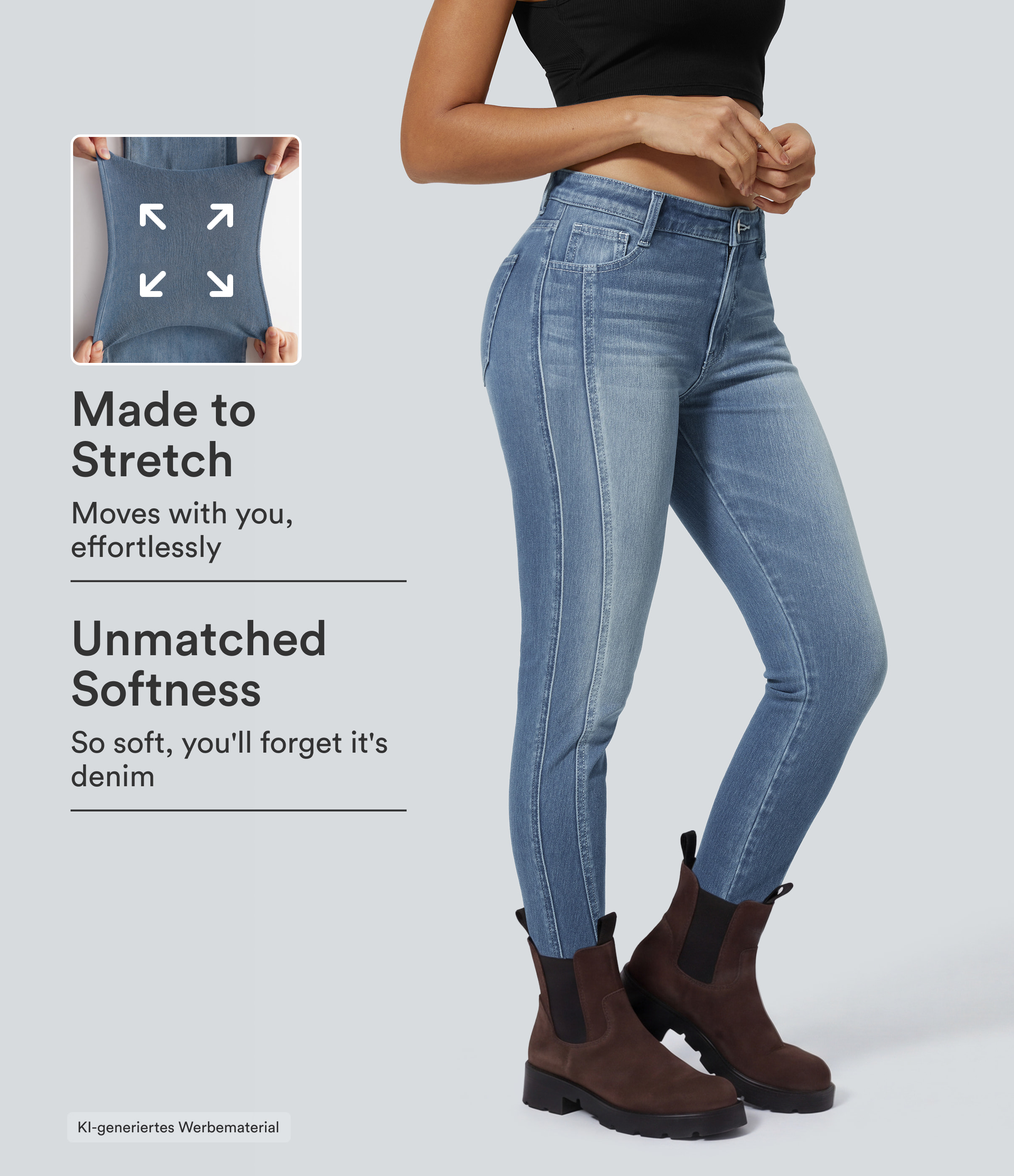 Halara Flex™ - Lässige Röhrenjeans aus elastischem Strick-Denim mit niedrigem Bund, mehreren Taschen, Knopf und Reißverschluss