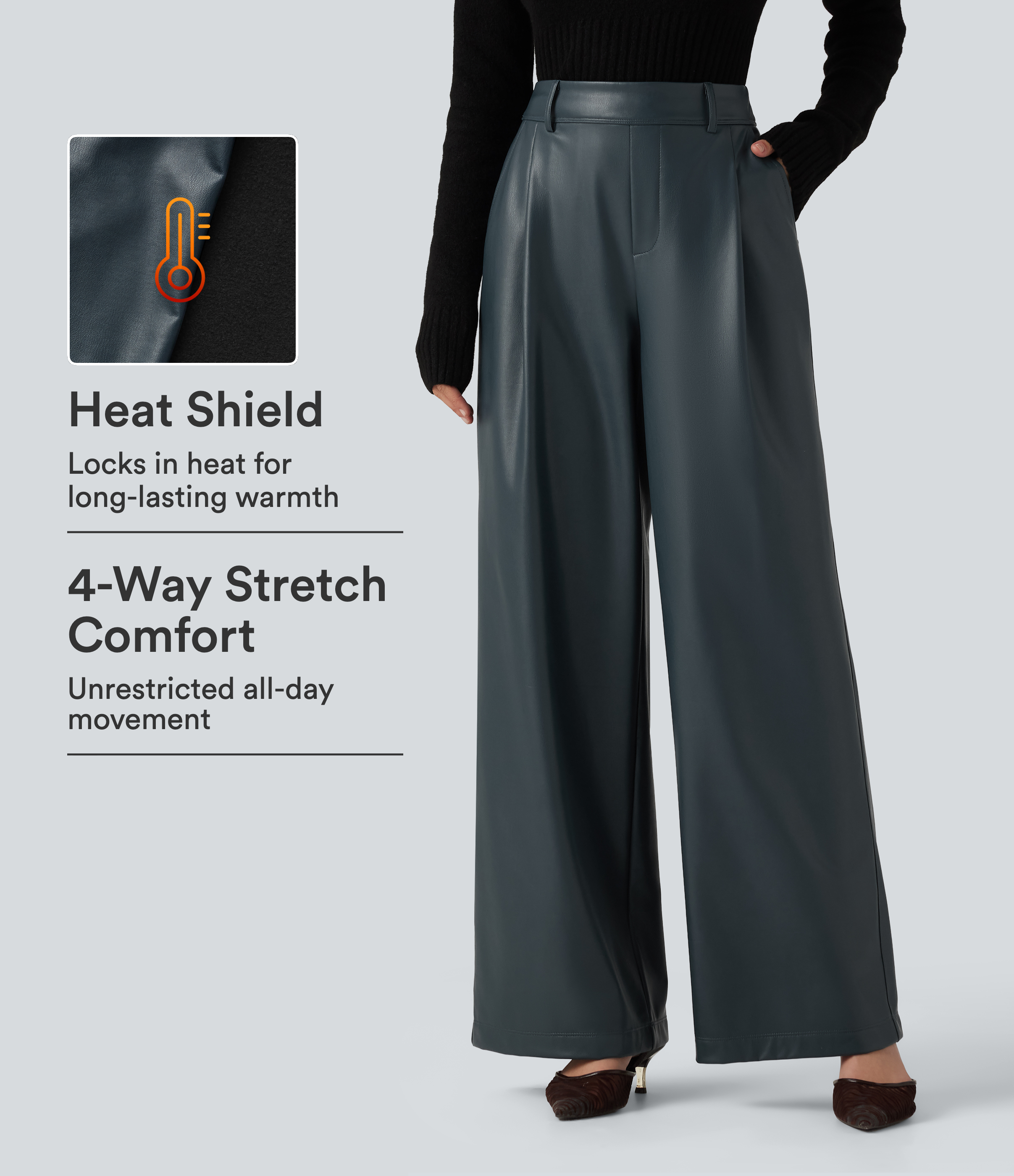 High Waisted Wide Leg Stretchy PU Fleece Casual Pants with Pockets