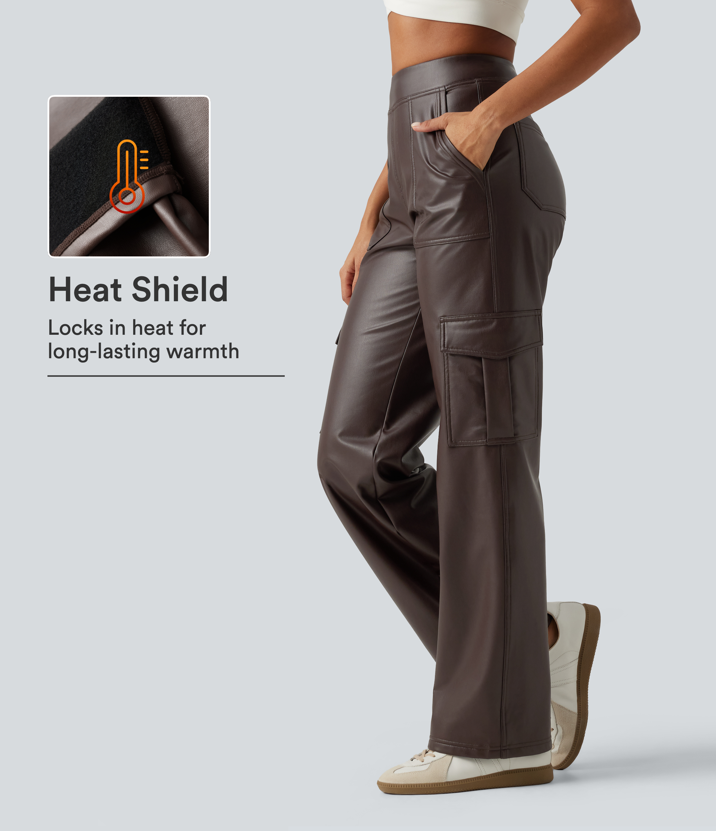 Mid Rise Wide Leg Stretchy PU Fleece Casual Cargo Pants with Pockets