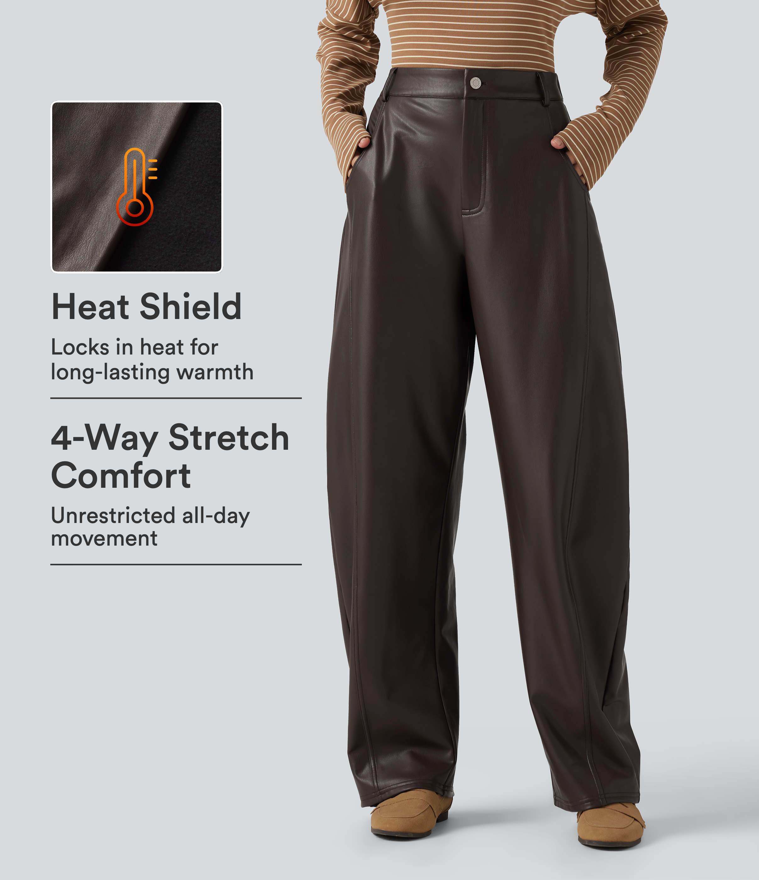 Hot Fudge High Waisted Barrel Leg Stretchy PU Fleece Casual Pants with Pockets / 1