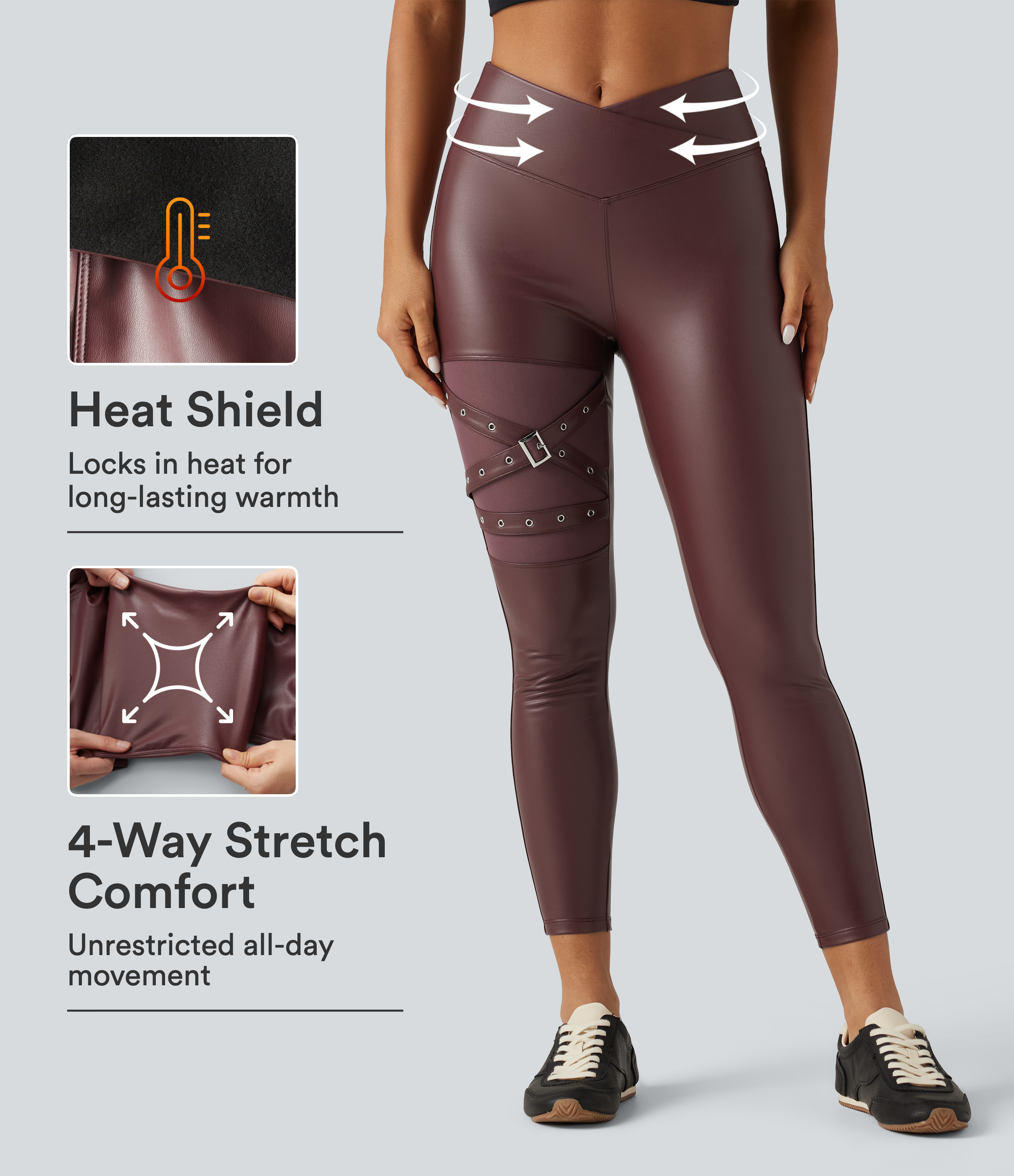 High Waisted Crossover Tummy Control Stretchy PU Fleece Casual Leggings with Pockets