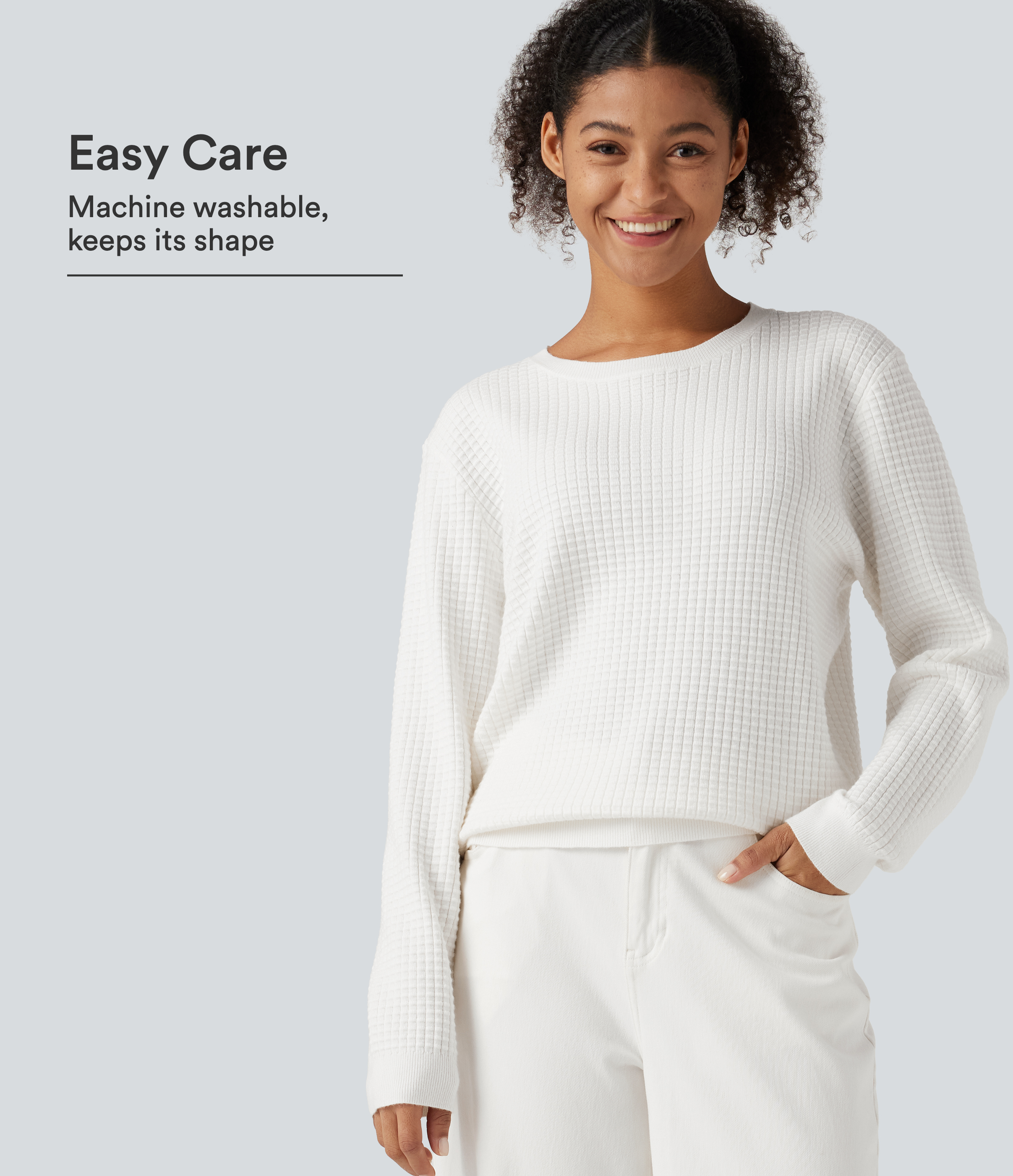 Round Neck Long Sleeve Waffle Casual Jumper