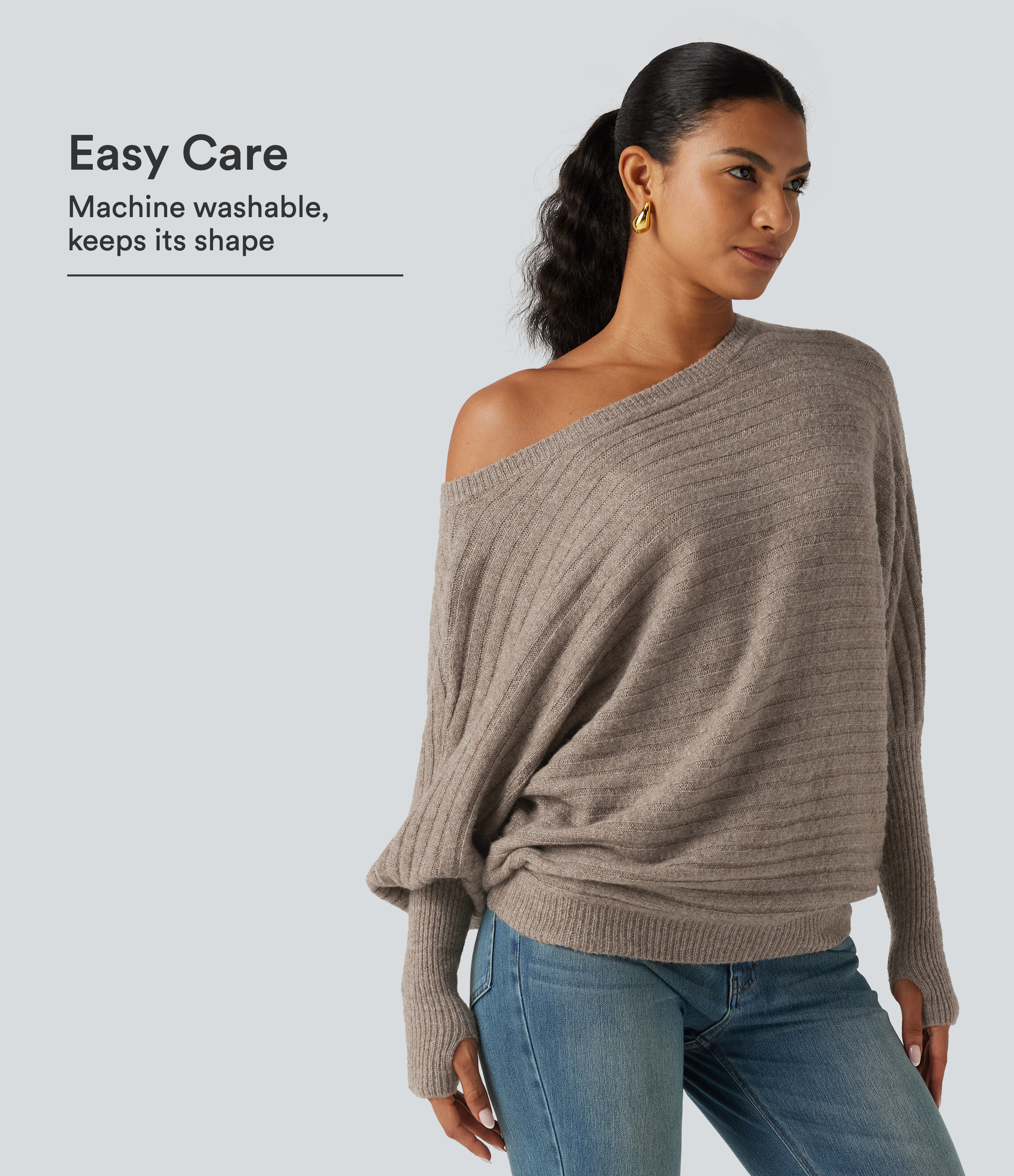 Boat Neck Batwing Long Sleeve Thumb Hole Casual Wool-Blend Jumper