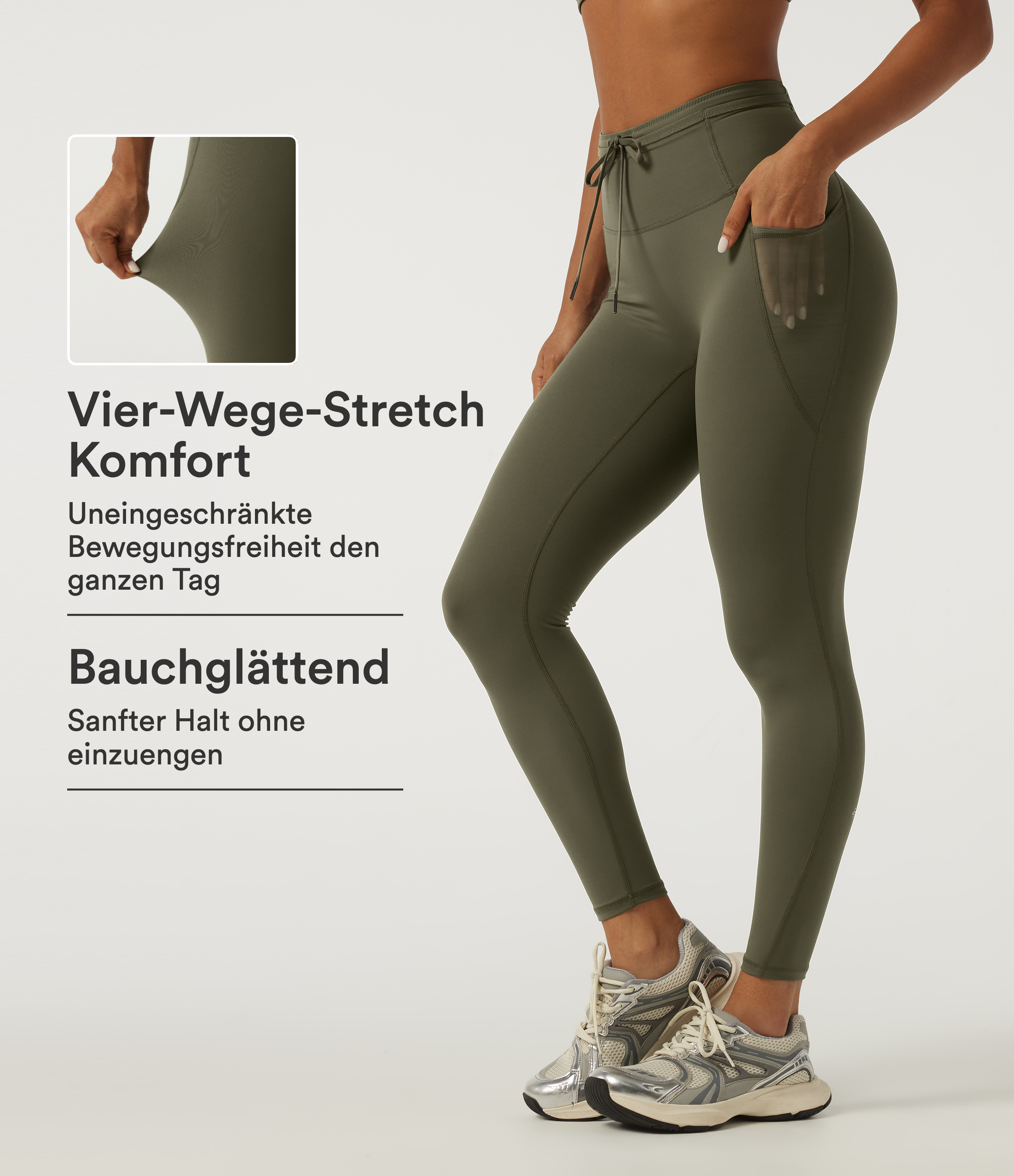 Grass Grey Green Lauf-Leggings mit hohem Bund, Bundtasche, Bauchkontrolle und Kordelzug - schnelltrocknend / 1