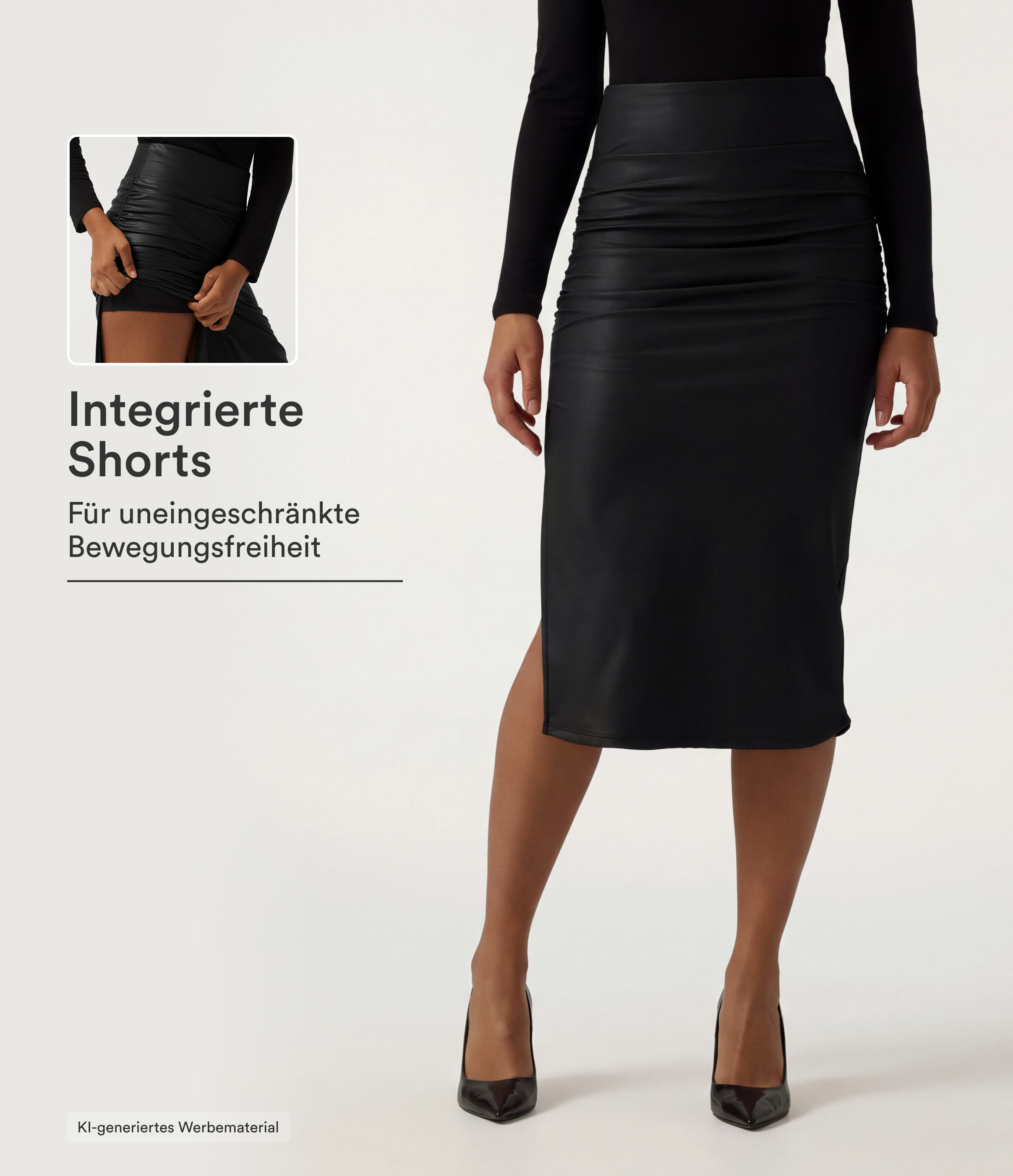 Figurbetonter, geraffter 2-in-1 Fleece-Party-Midirock aus Kunstleder mit hohem Bund und integrierten Shorts