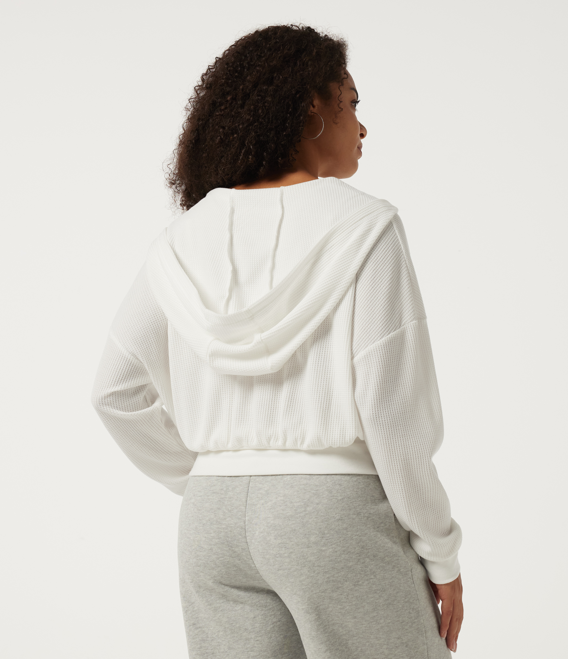White Hooded Waffle Long Sleeve Casual Sweatshirt / 2