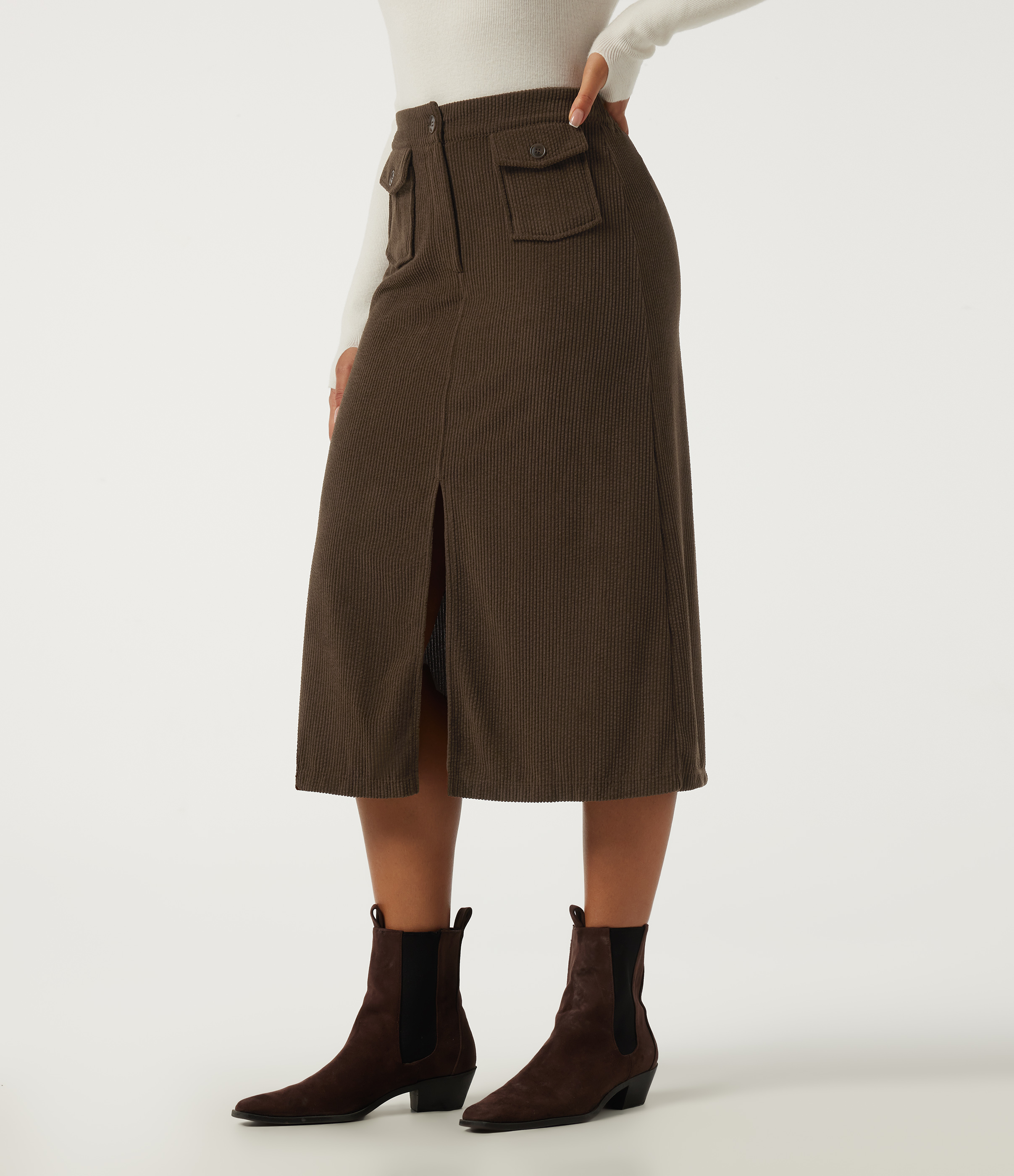 High Waisted A Line Corduroy Midi Casual Skirt with Pockets