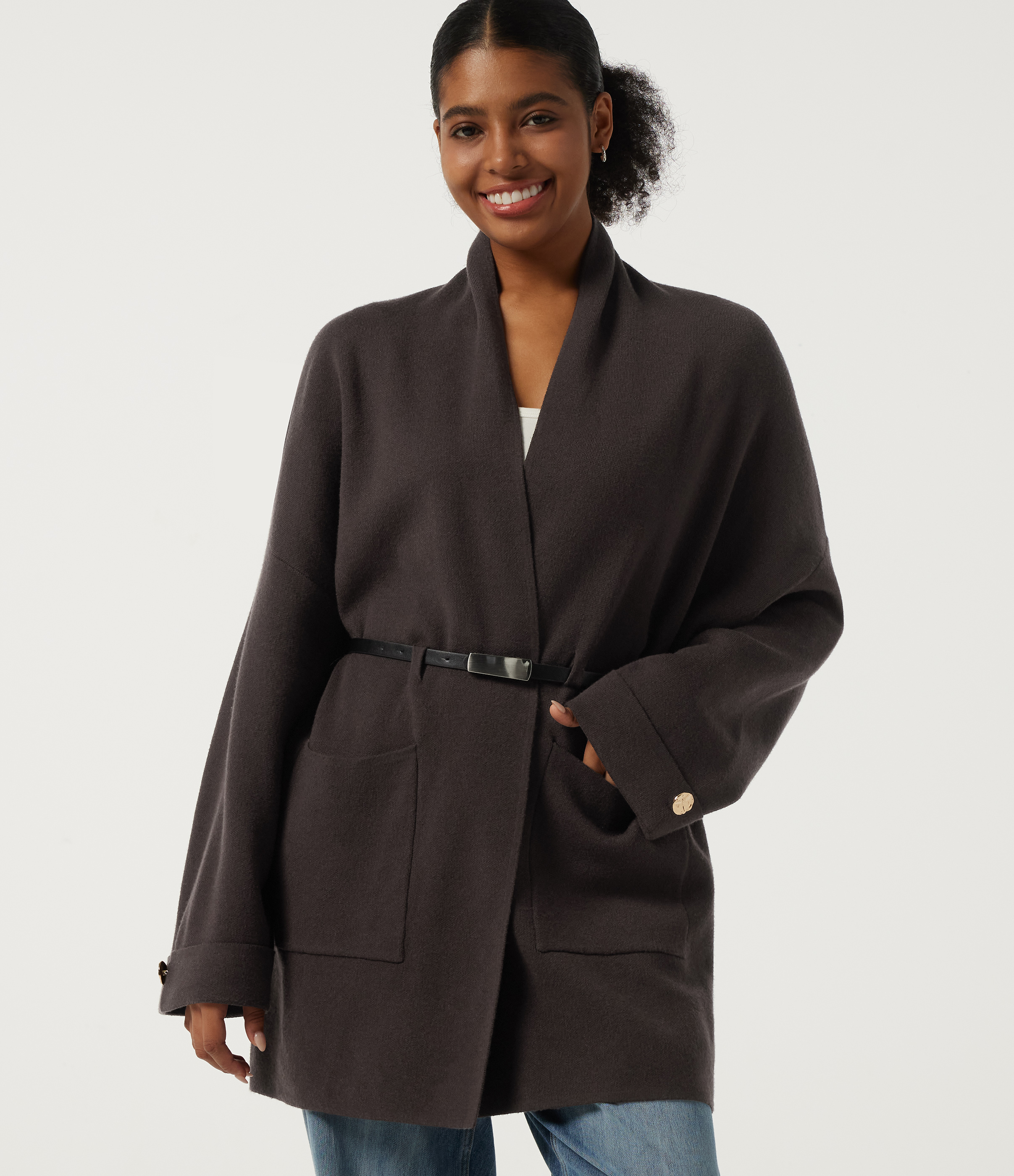V Neck Long Sleeve Belted Longline Work Coat with Pockets