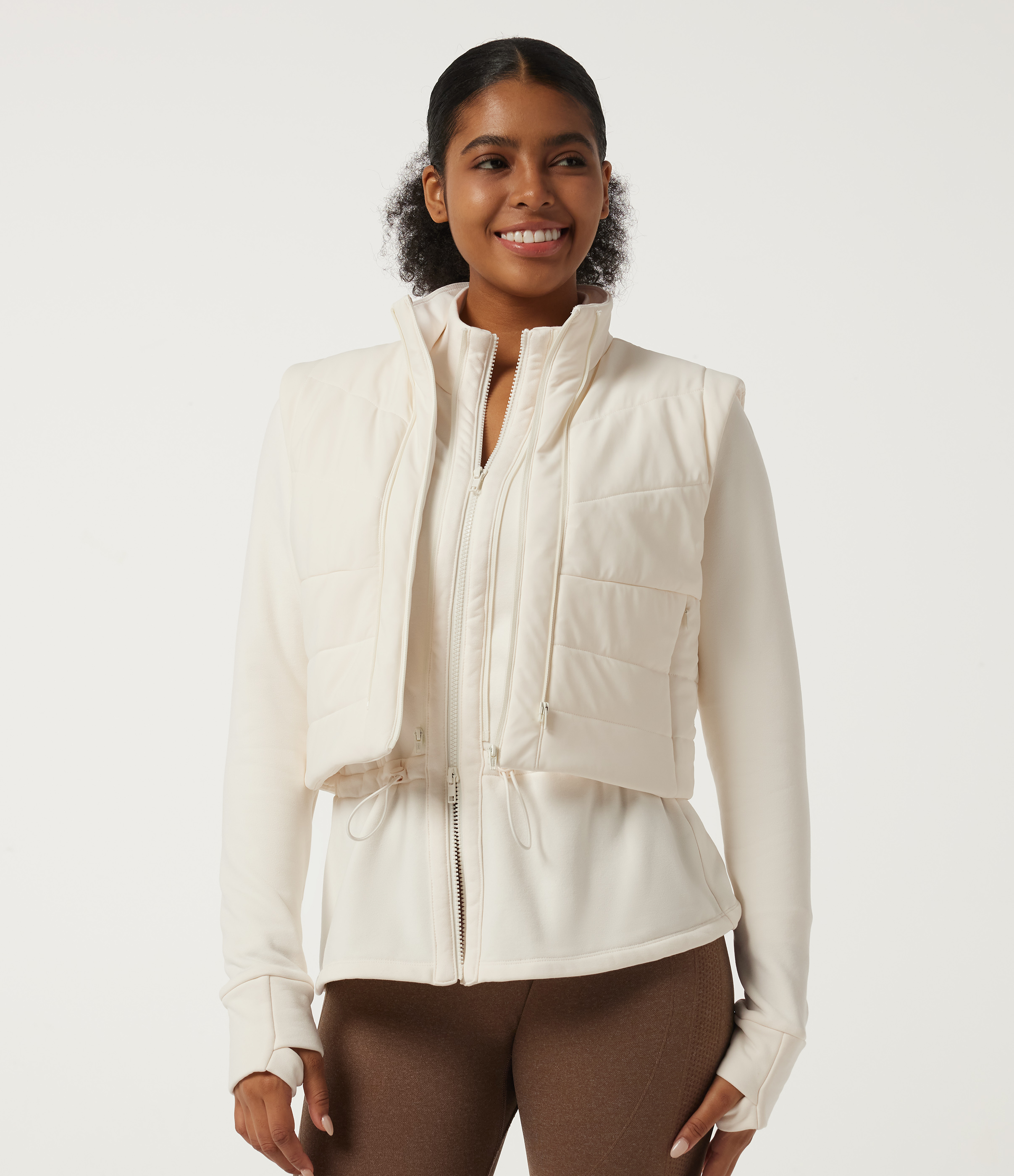 2-in-1 Fleece-Yoga-Jacke mit hohem Kragen, langen Ärmeln und Kordelzug, mit Daunenfüllung, Taschen und Daumenlöchern