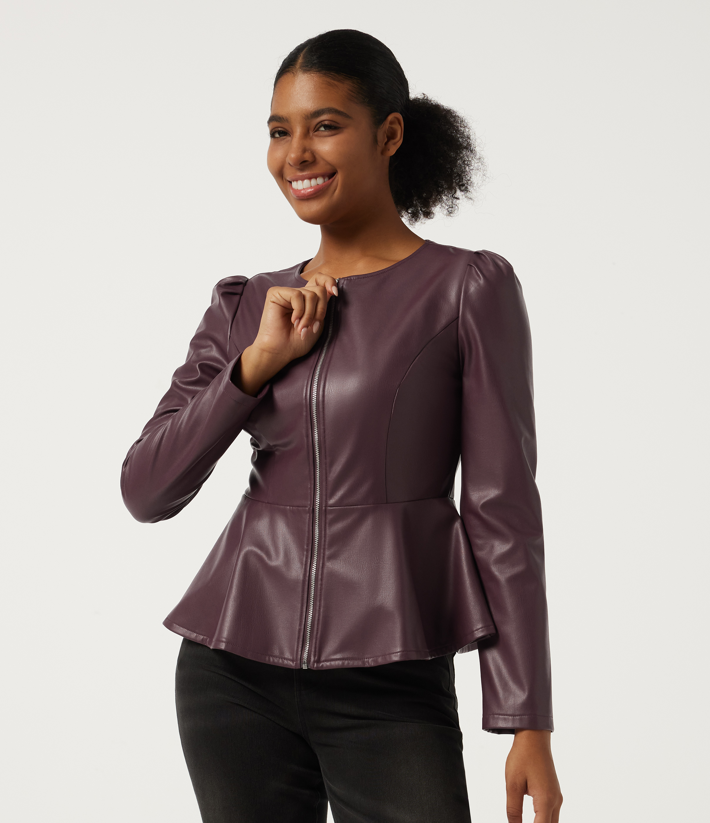 Round Neck Long Sleeve Ruffle Hem Fleece Casual PU Leather Faux Leather Jacket