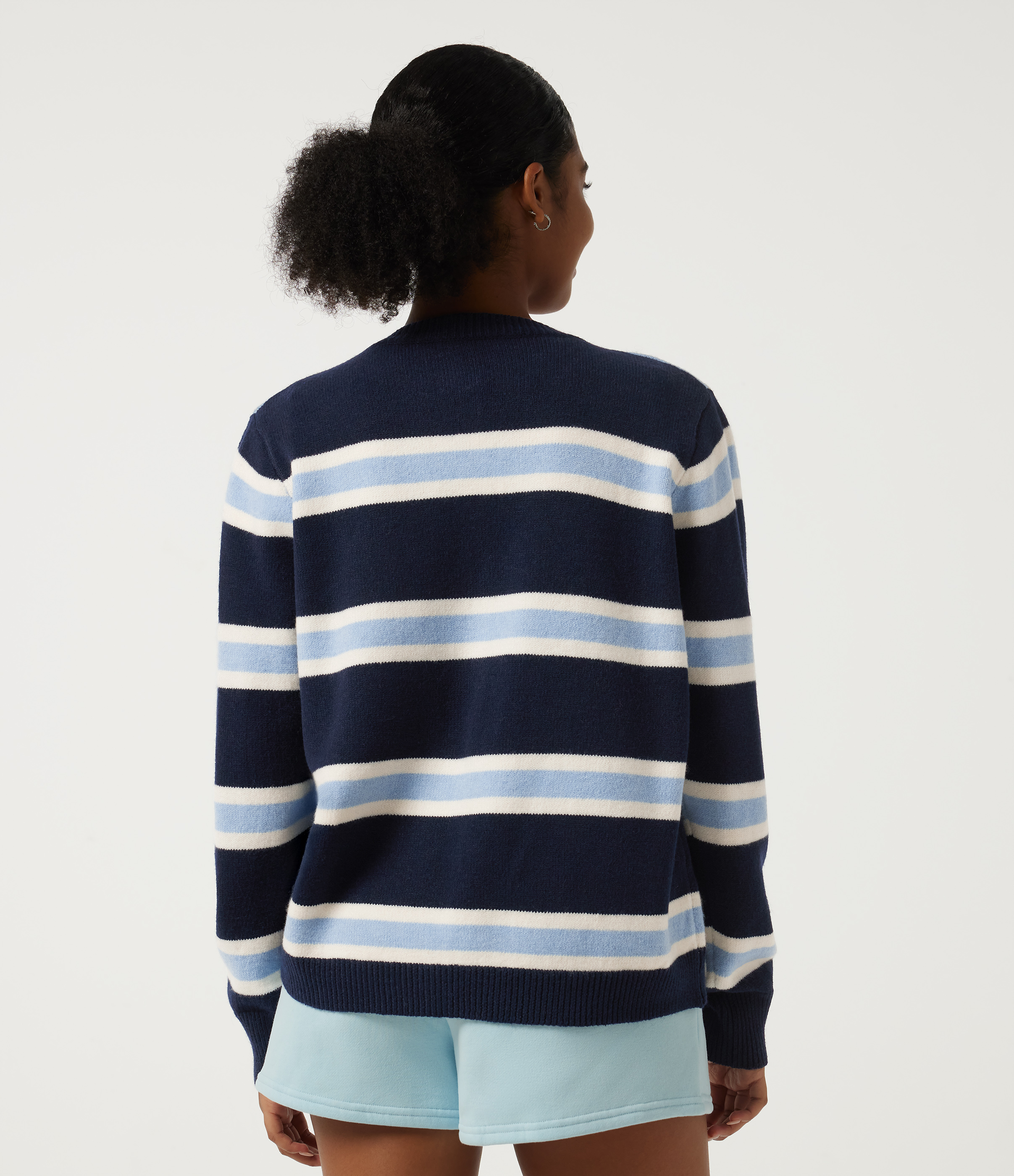 Nightfall Blue Round Neck Long Sleeve Stripe Casual Cardigan / 2