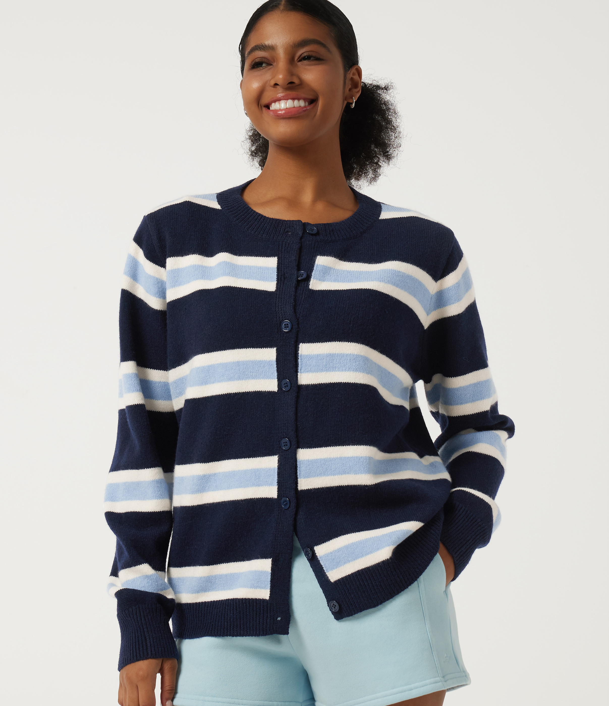 Round Neck Long Sleeve Stripe Casual Cardigan
