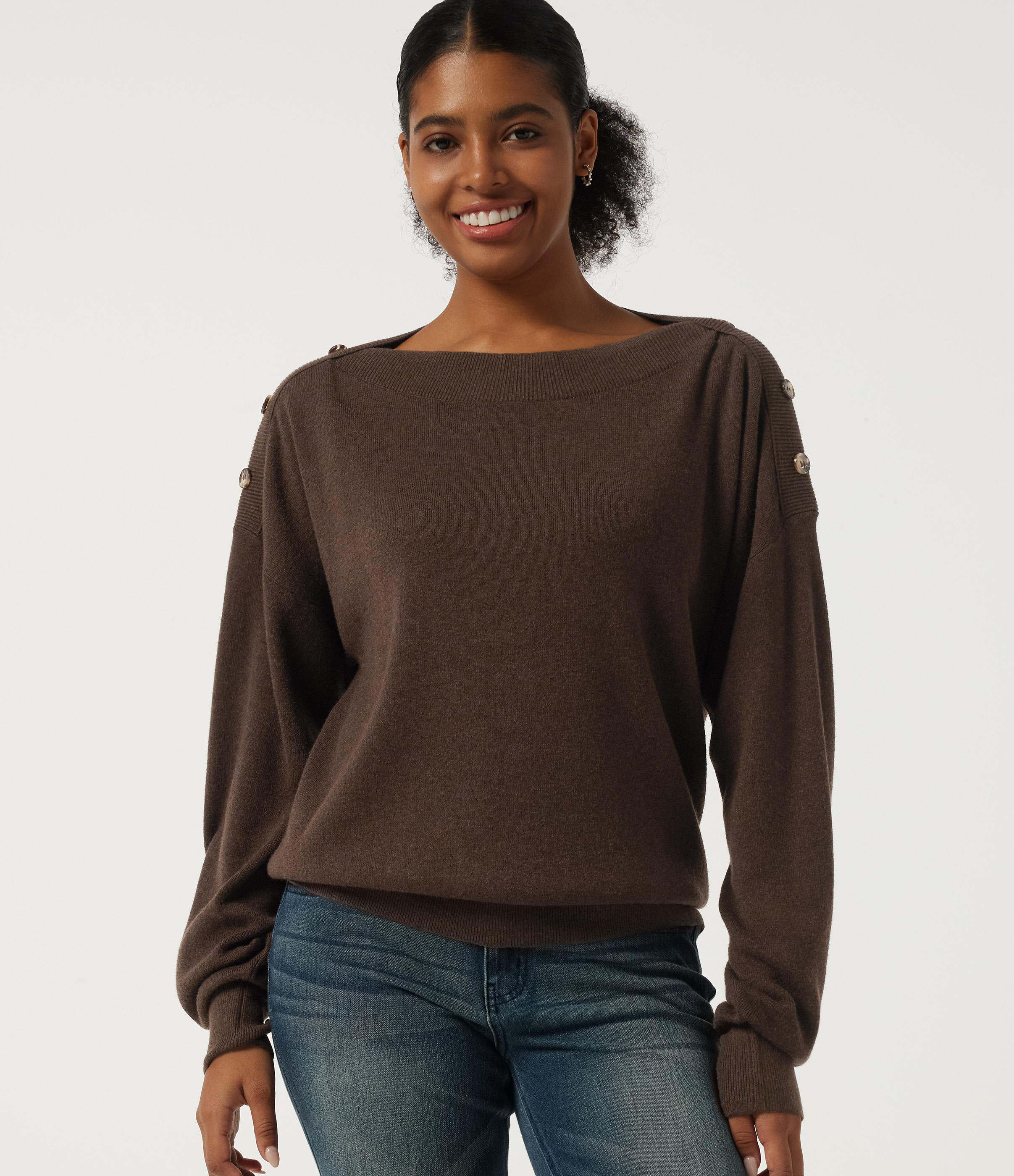 Boat Neck Drop Shoulder Long Sleeve Work Sweater