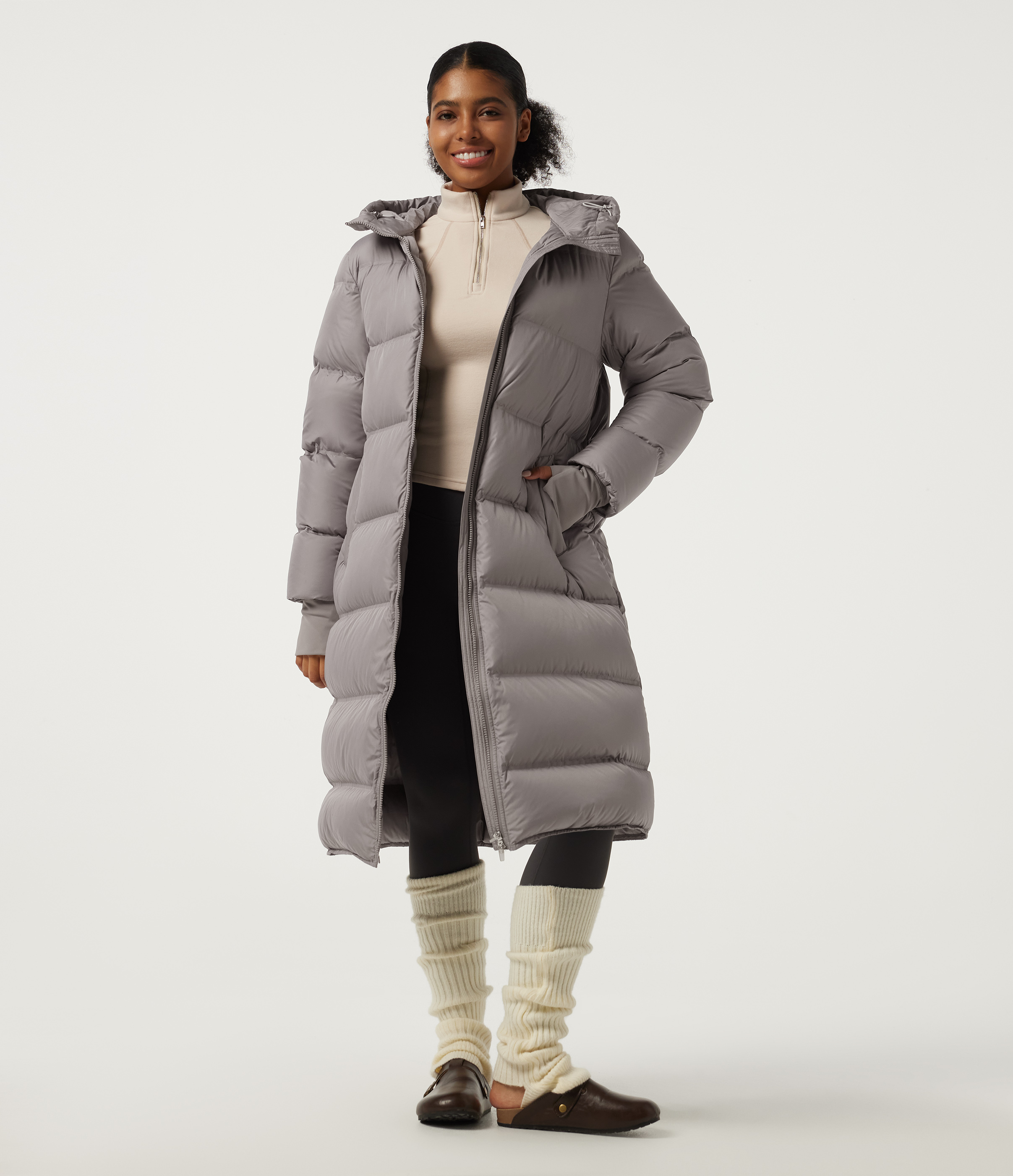 Stand Collar Long Sleeve Puffer Casual Down Jacket with Removable Hood and Pockets