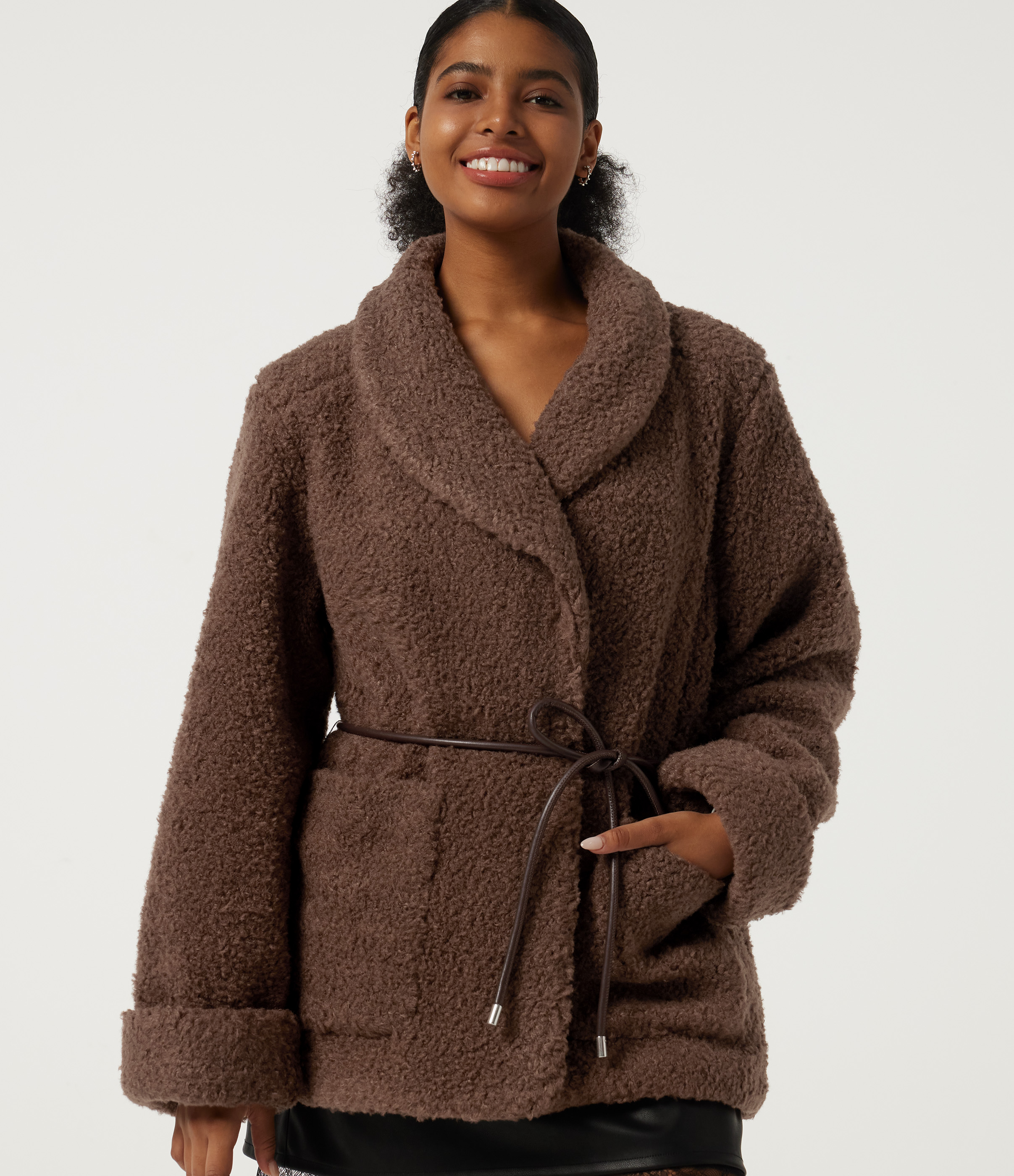 Lapel Long Sleeve Belted Casual Sherpa Jacket with Pockets