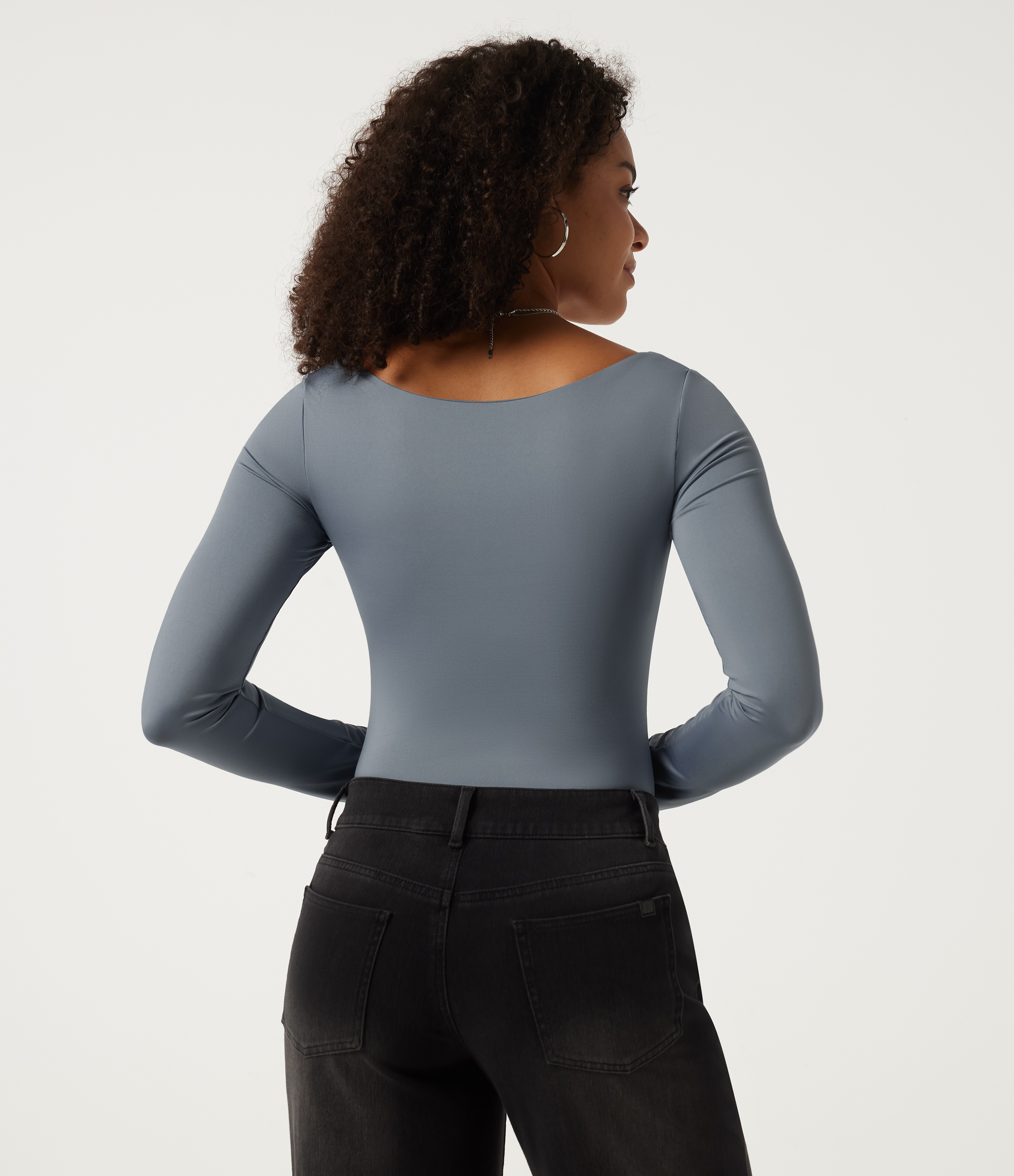Sea Fog Blue Diamond Collar Long Sleeve Built-in Bra Ruched Casual Bodysuit / 2