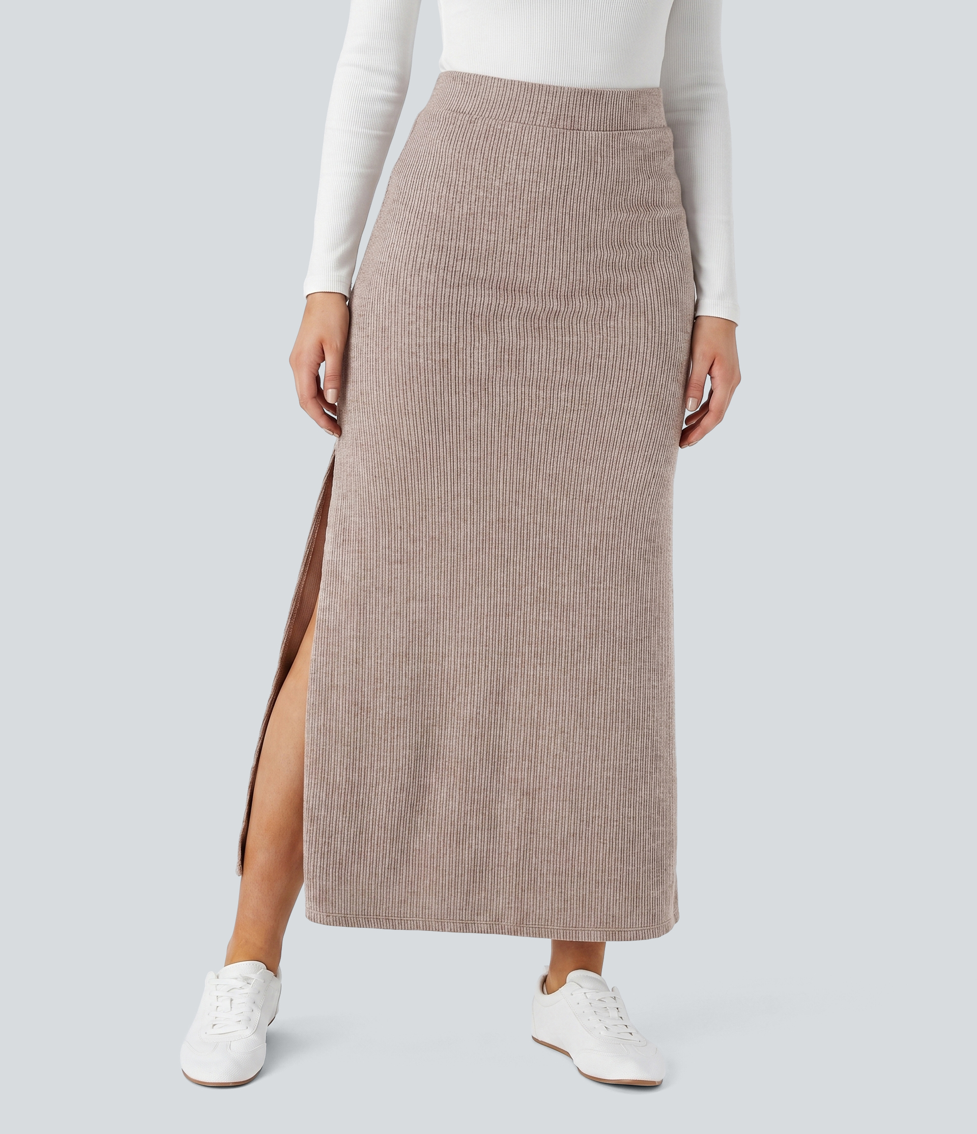 Ribbed High Waisted Hem A Line Maxi Casual Skirt