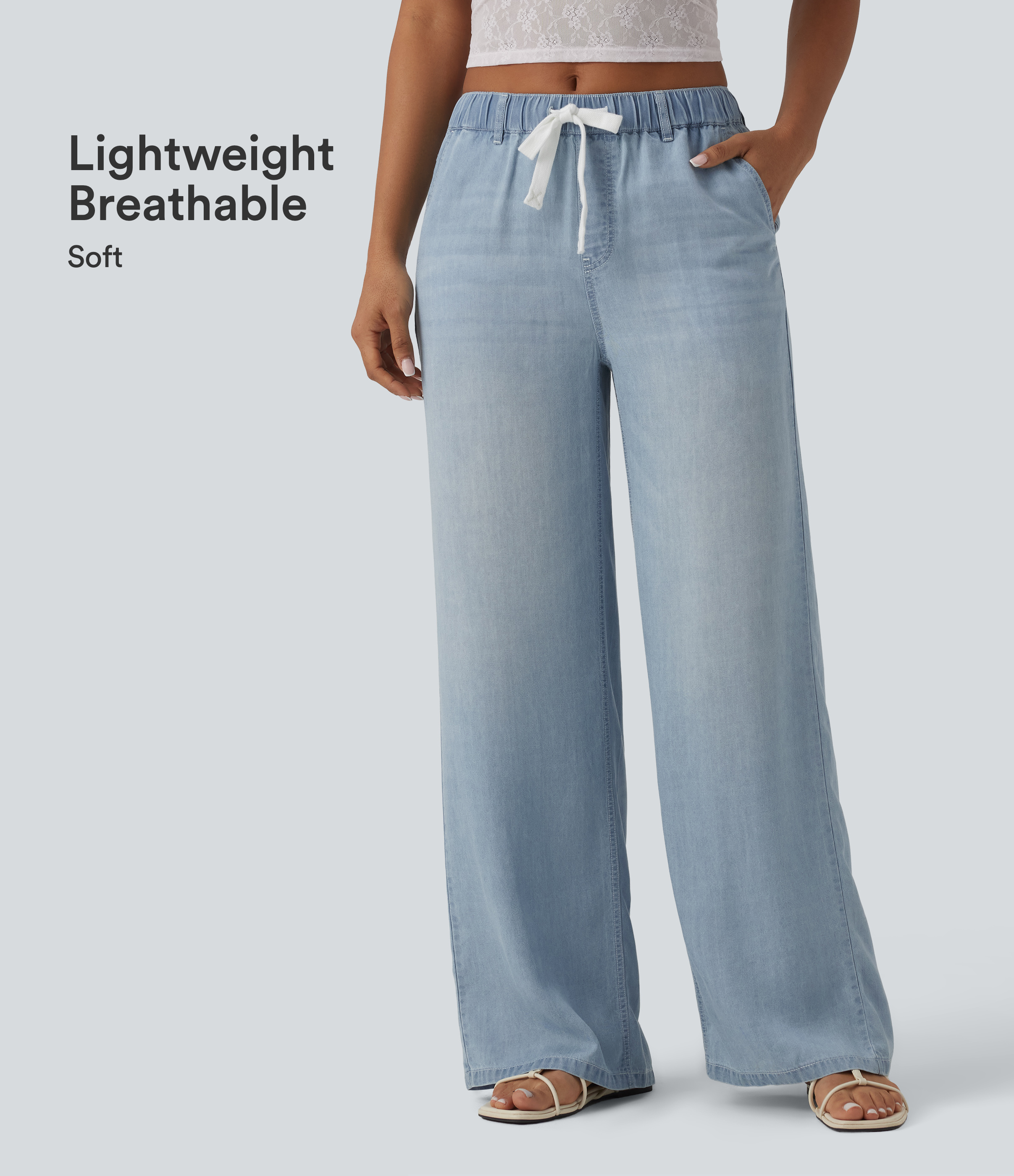 Mid Rise Drawstring Lightweight Summer Casual Baggy Jeans with Pockets