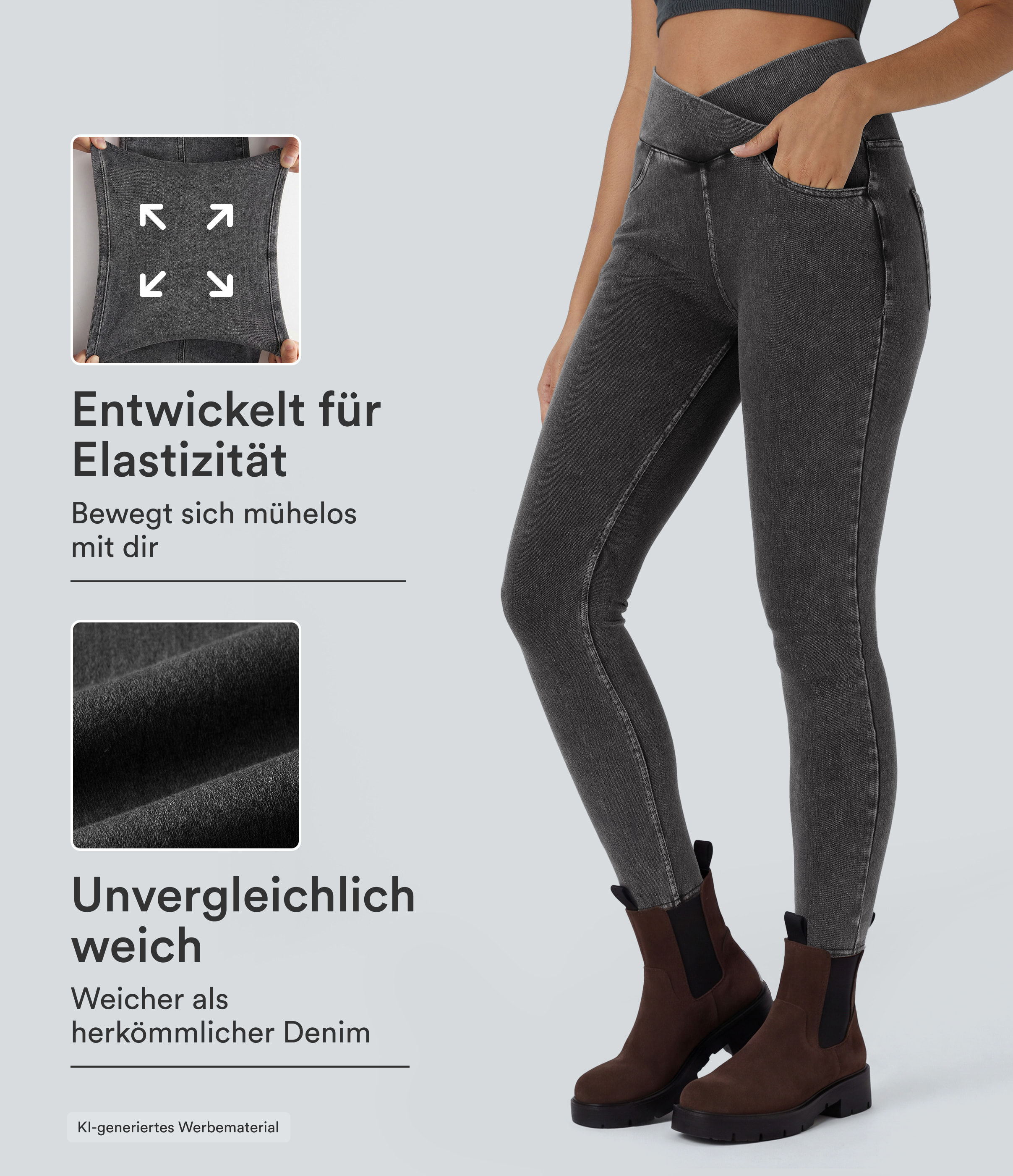 Halara Flex™ Arbeitsleggings aus elastischem Strick-Denim mit hohem Bund und mehreren Taschen