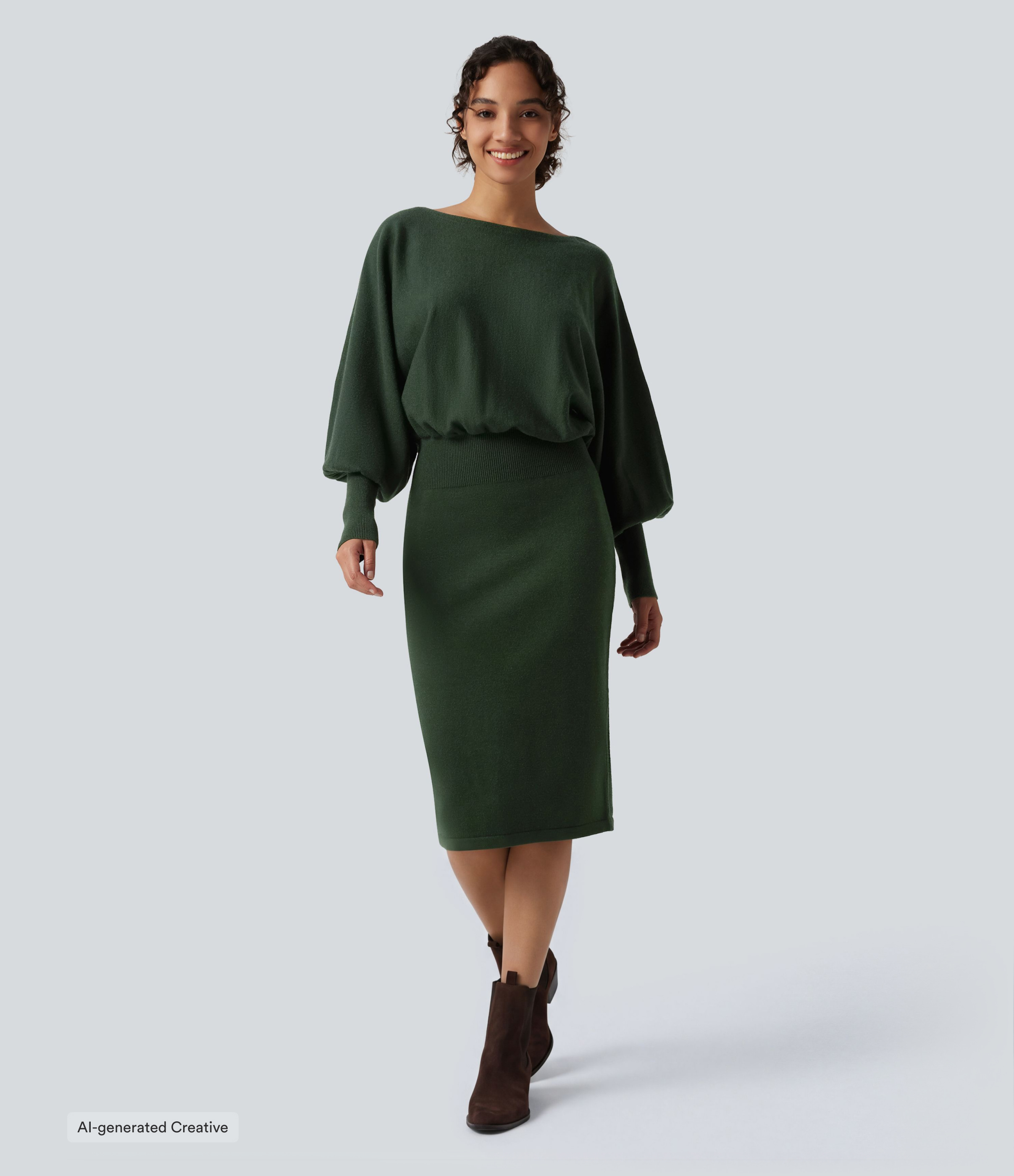 Boat Neck Puff Long Sleeve Work Sweater Dress