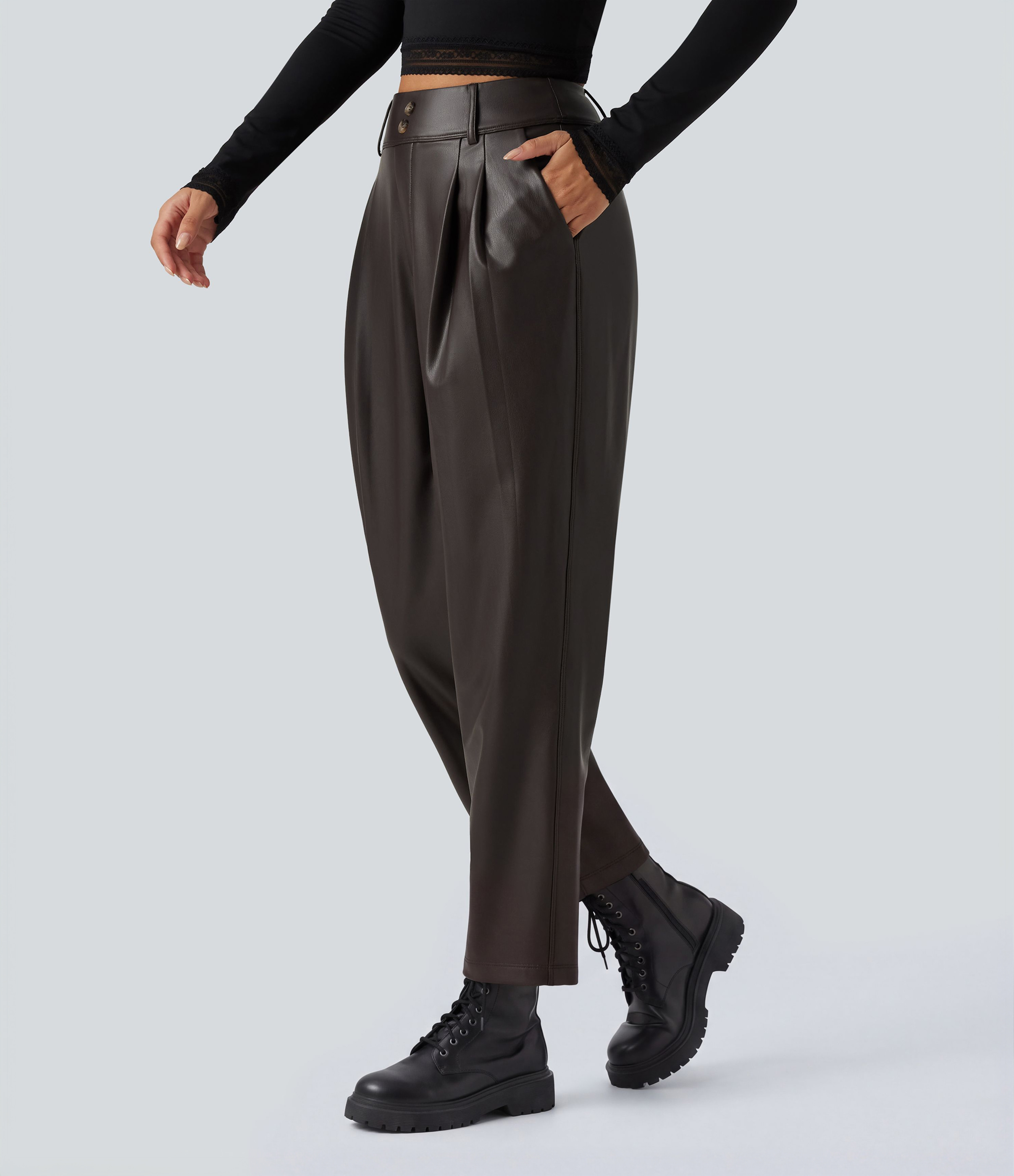 High Waisted Tapered Stretchy PU Fleece Casual Pants with Pockets