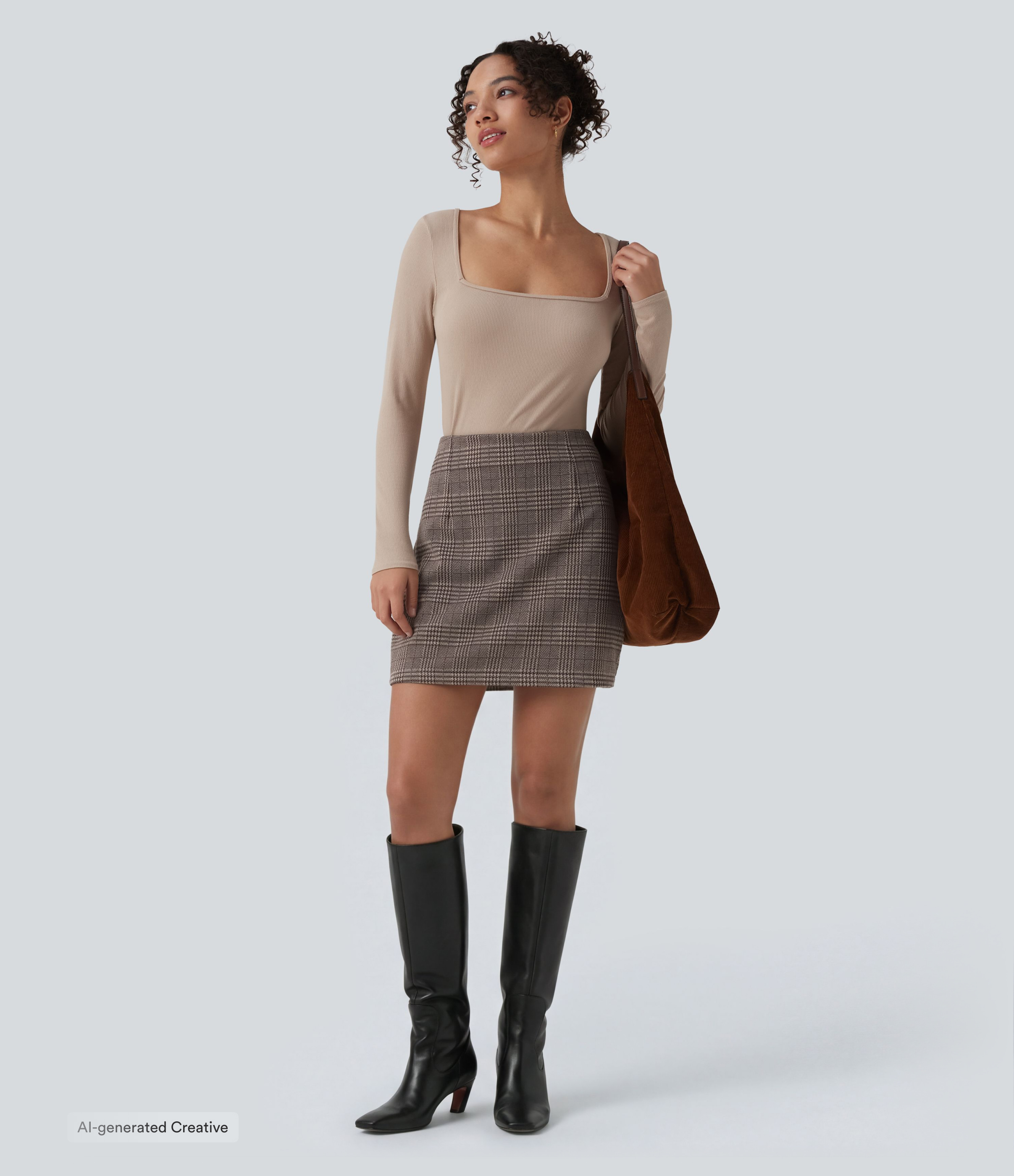 High Waisted 2-in-1 Houndstooth Plaid Mini Work Skirt-Longer Length