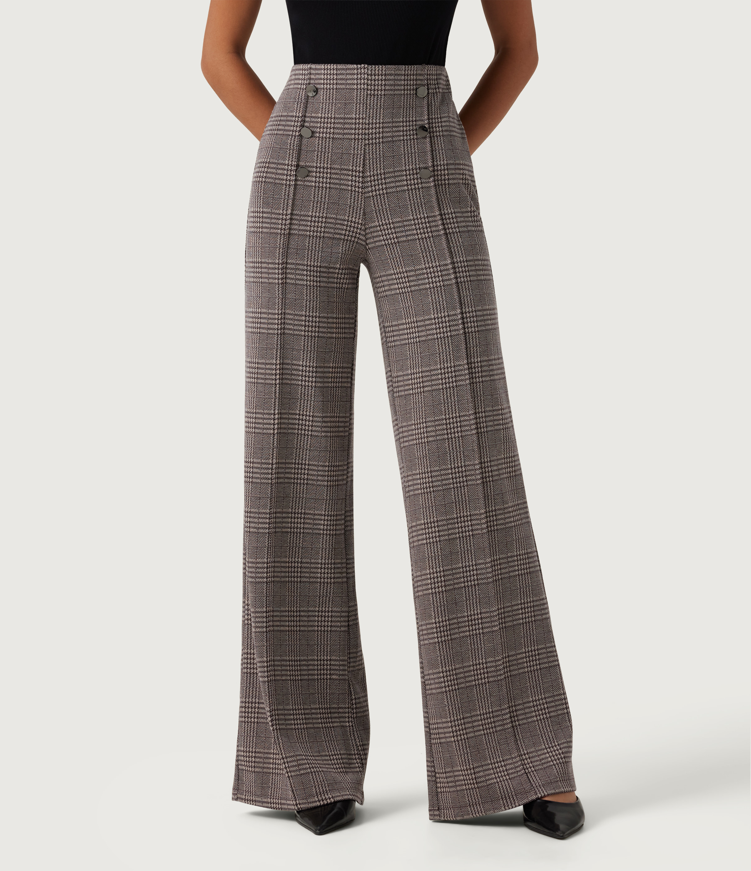 High Waisted Wide Leg Plaid Casual Pants with Pockets