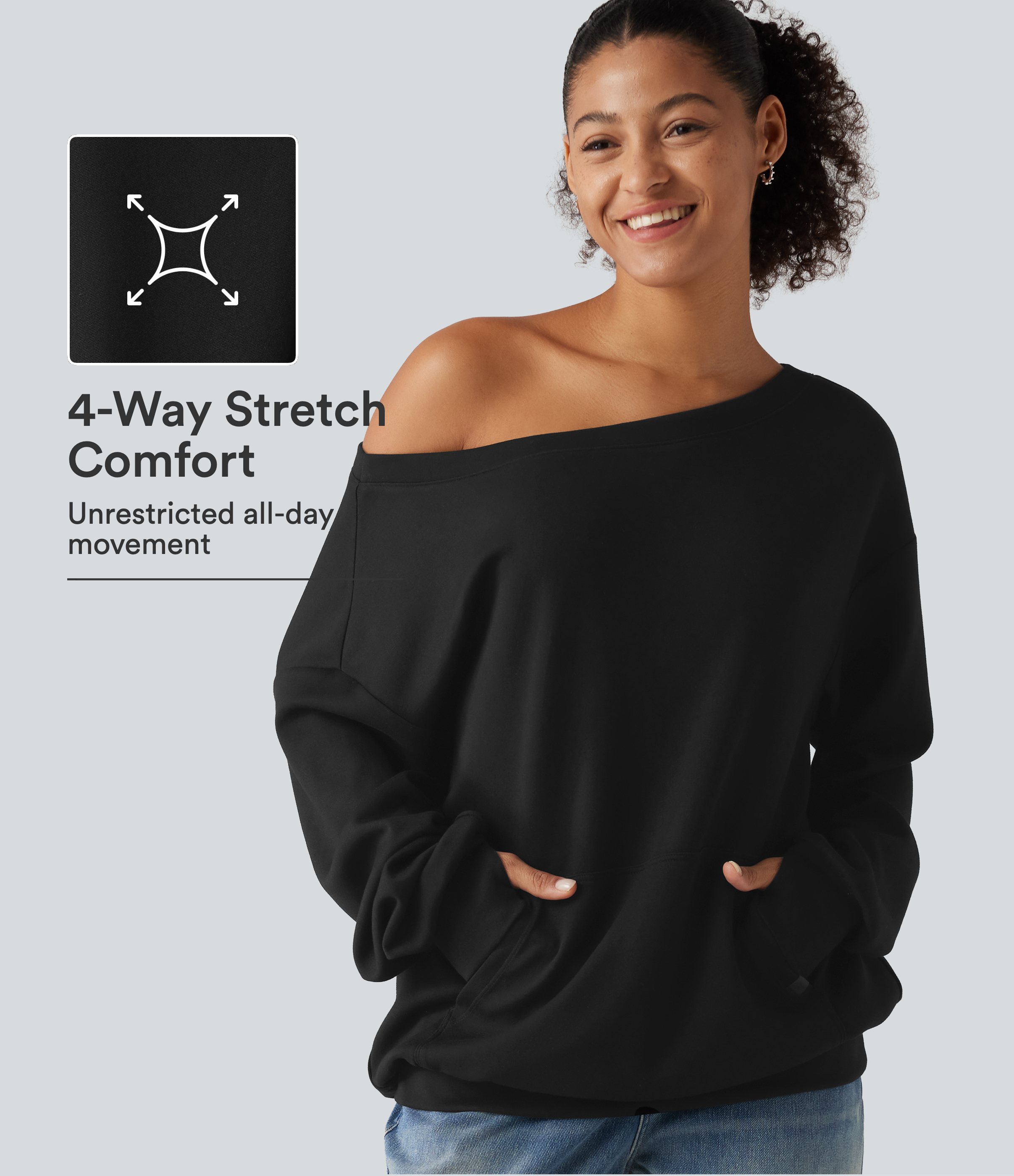 One Shoulder Long Sleeve Pullover Casual Sweatshirt with Pocket and Thumbholes