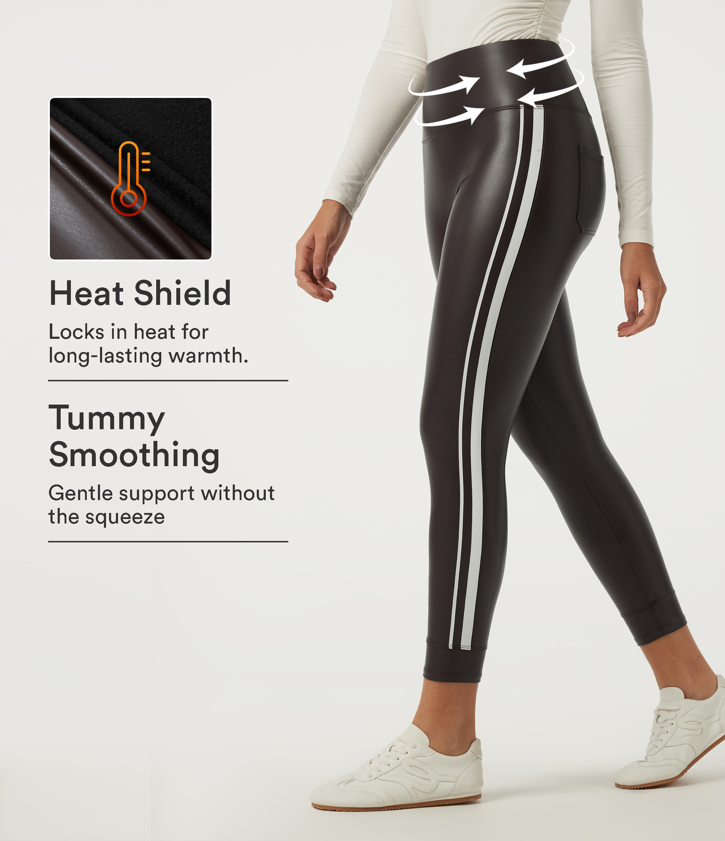 High Waisted Tummy Control Color Block Skinny Stretchy PU Fleece Casual Leggings with Pockets