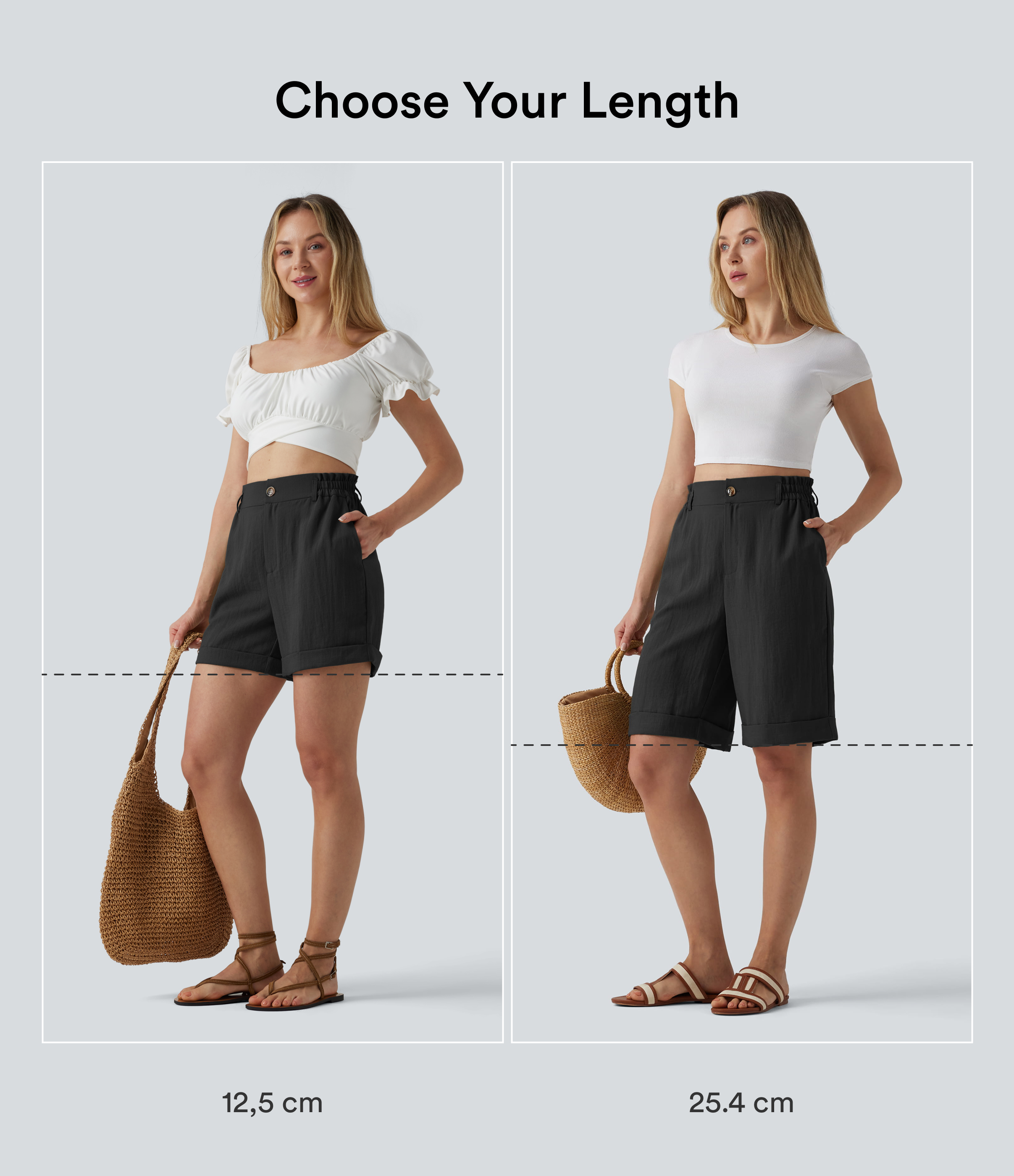 Black High Waisted Rolled Hem Linen-Feel Resort Shorts 5'' with Pockets / 2