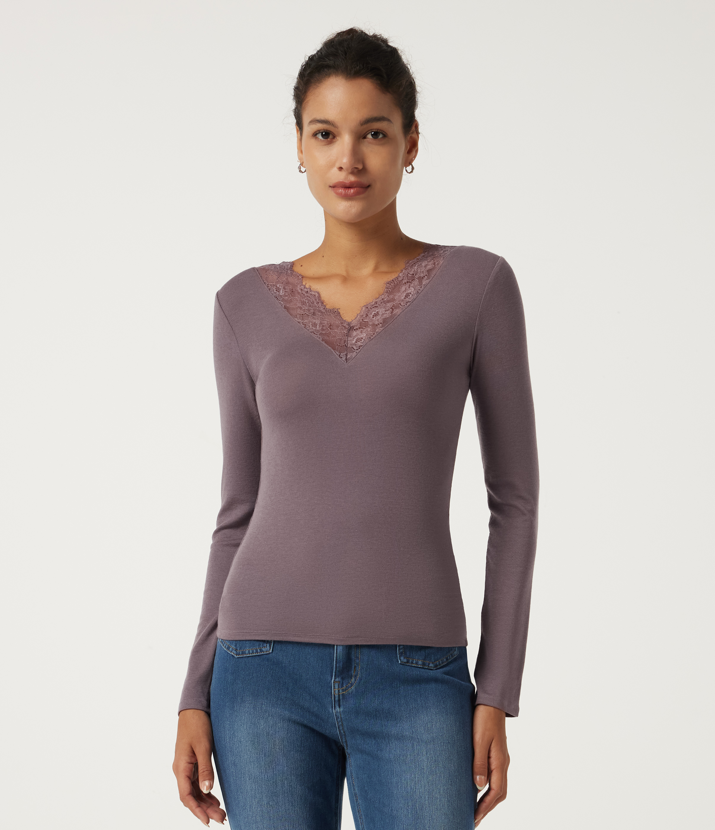 Sweetheart Neck Long Sleeve Contrast Lace Casual Top