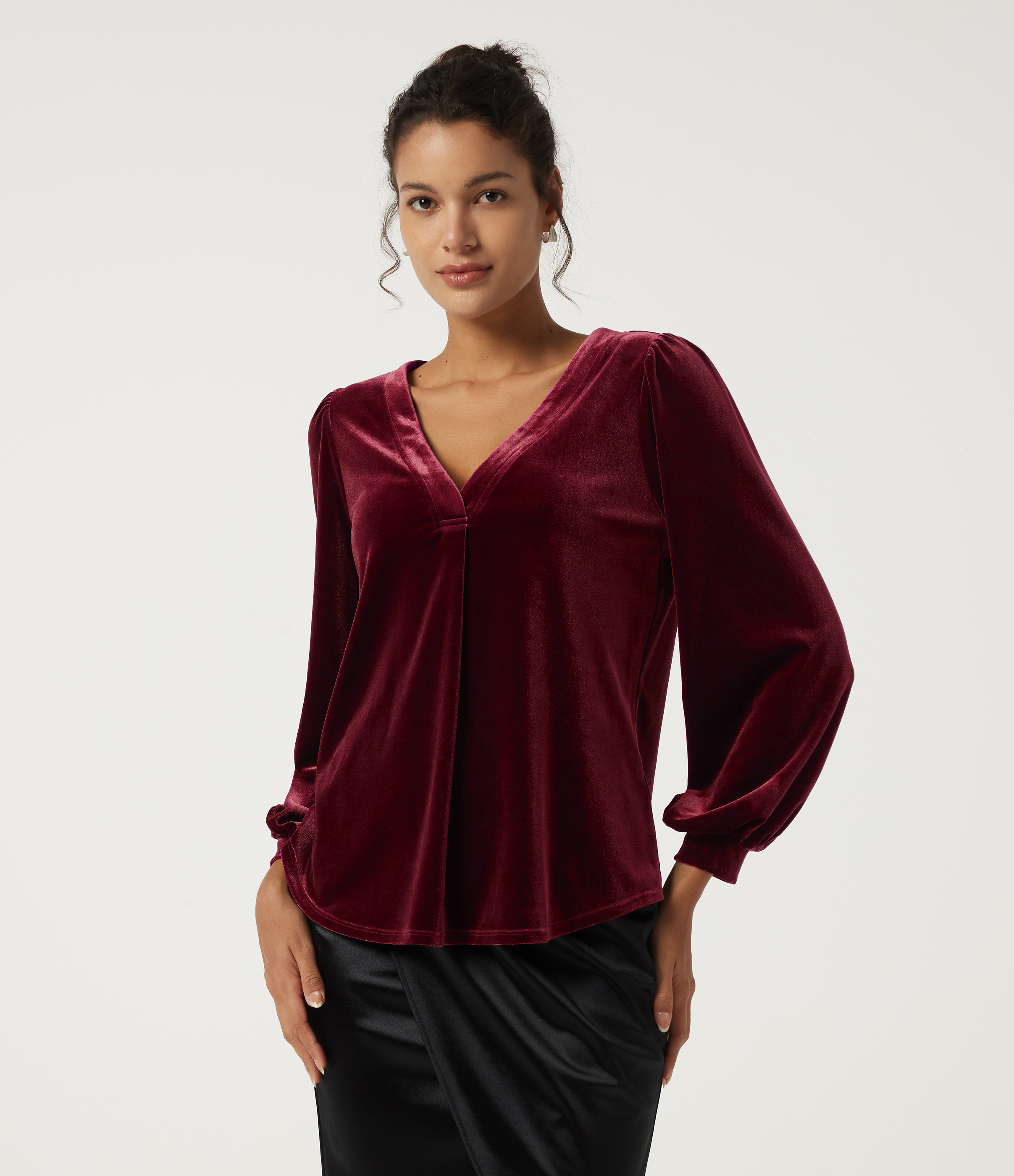 V Neck Long Sleeve Ruched Velvet Party Blouse