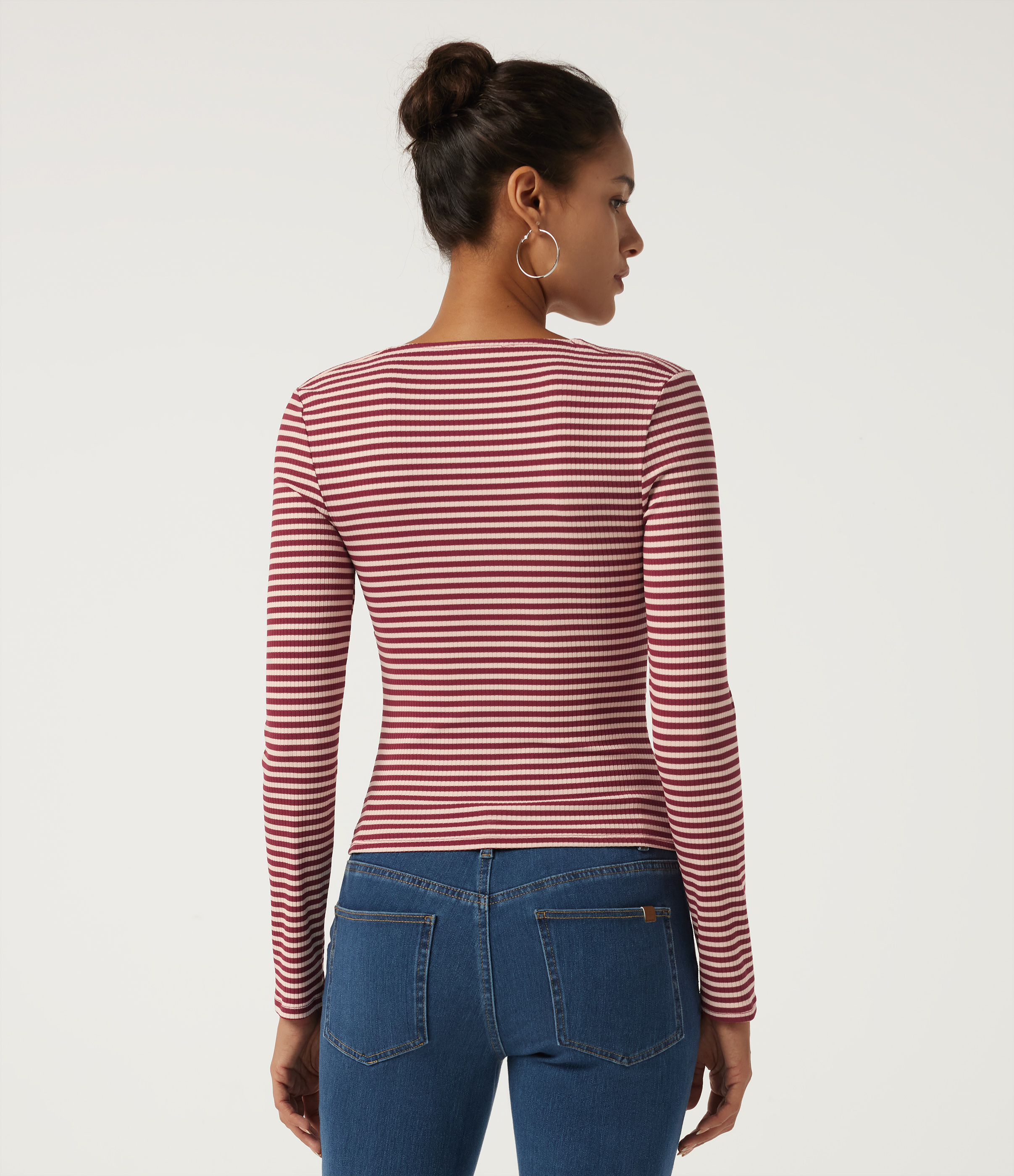 Cranberry Stripe Ribbed Knit Queen Anne Neck Long Sleeve Stripe Casual Top / 2