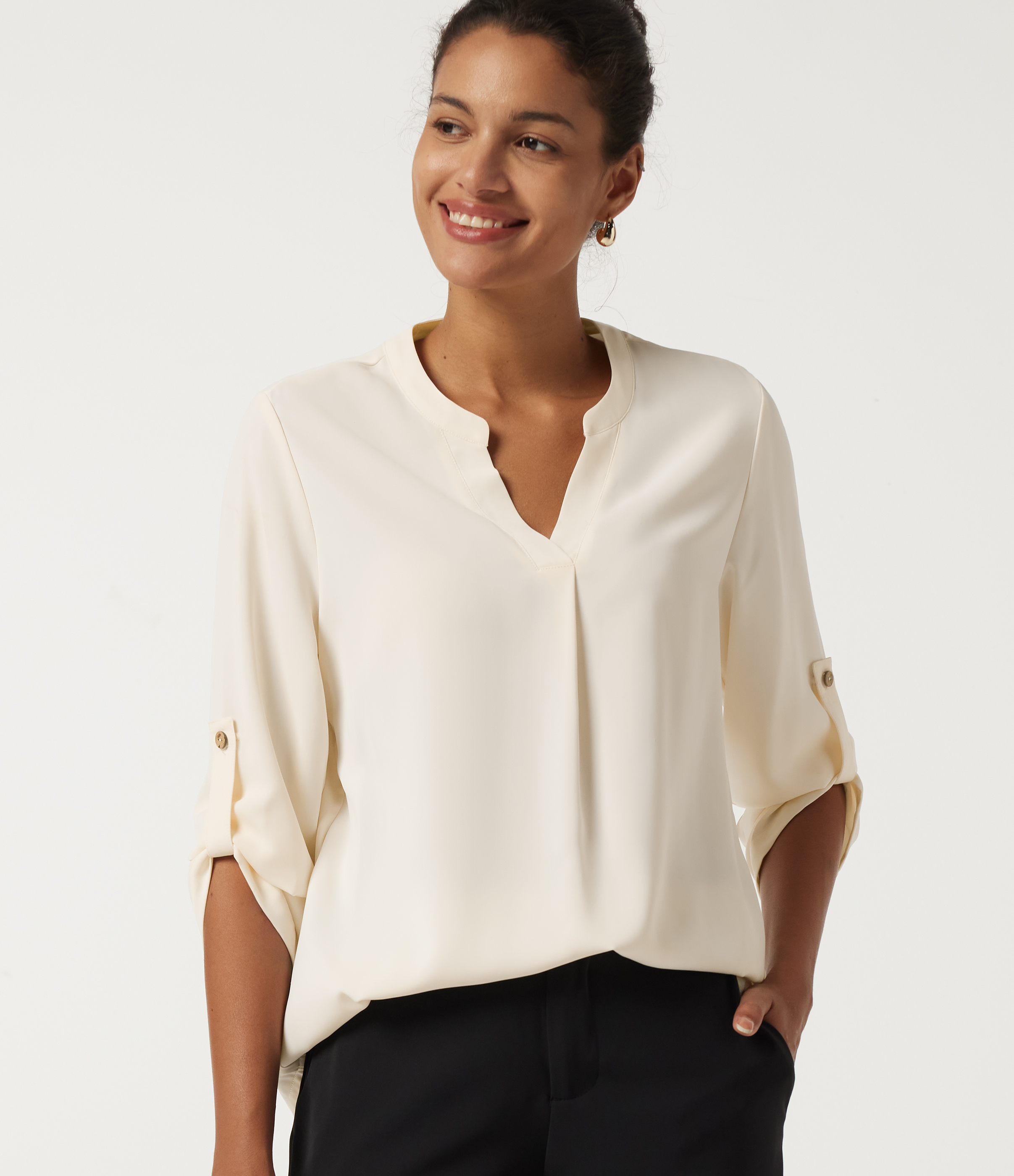 V Neck Long Sleeve Curved Hem Casual Blouse 