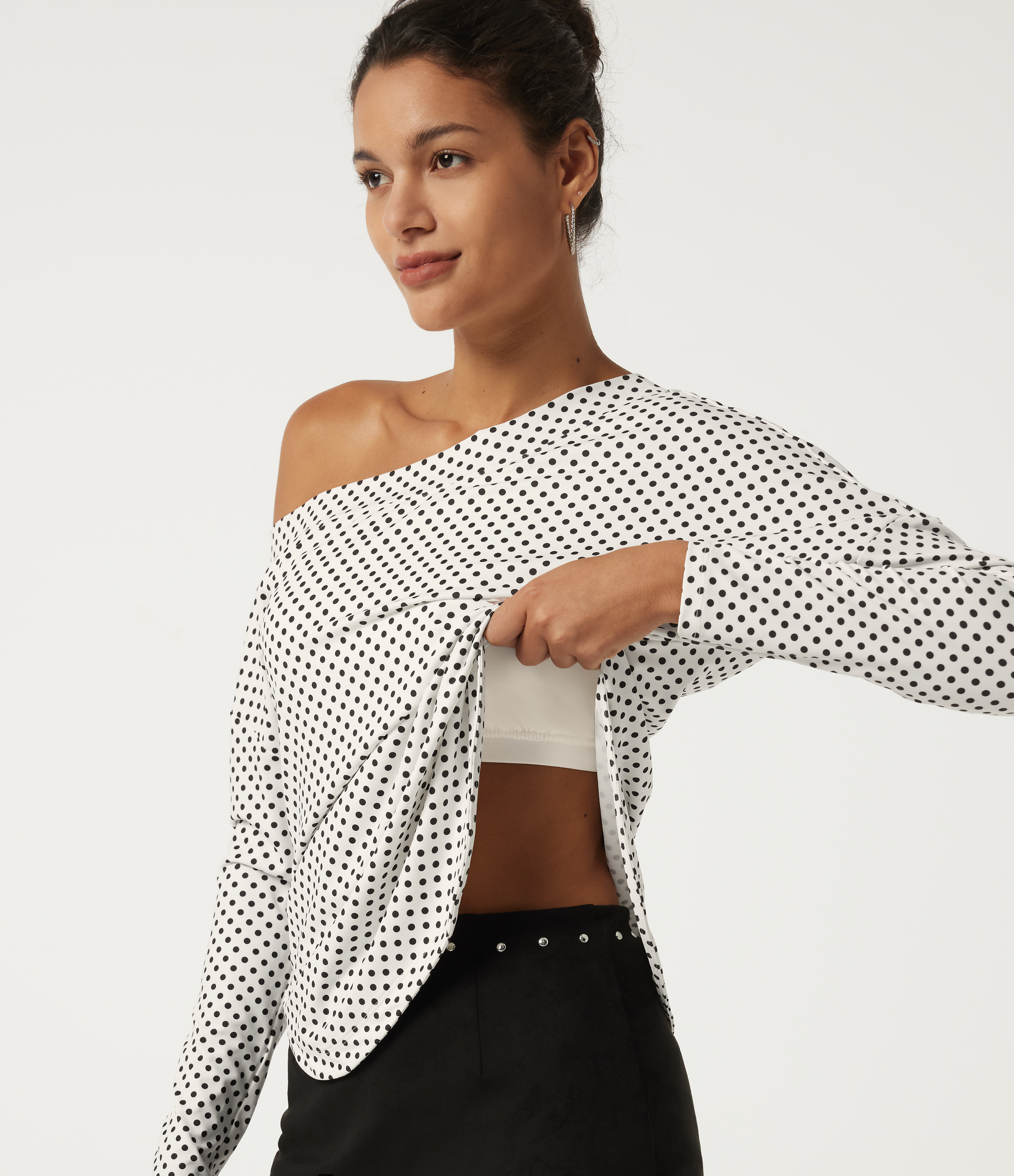 Snow Dots One Shoulder Long Sleeve Polka Dot Casual Top with Built-in Bra / 1