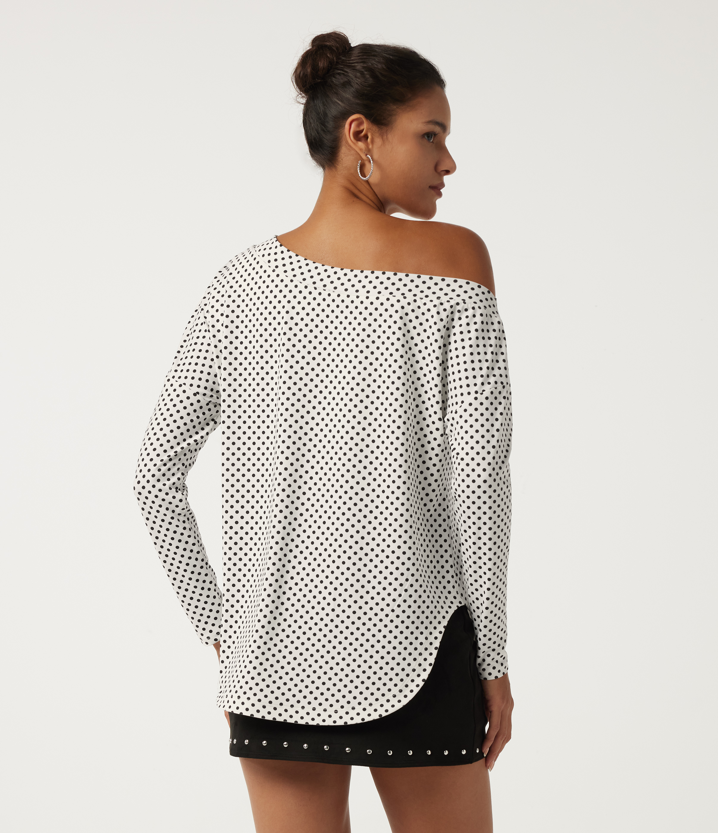 Snow Dots One Shoulder Long Sleeve Polka Dot Casual Top with Built-in Bra / 2