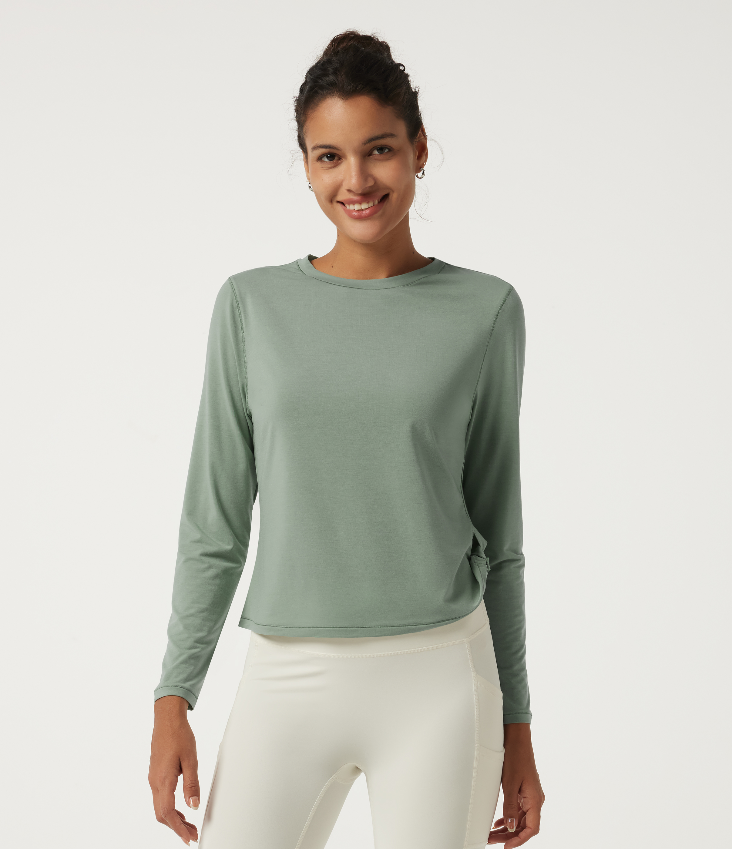 Round Neck Long Sleeve Curved Hem Quick Dry Yoga Sports Top