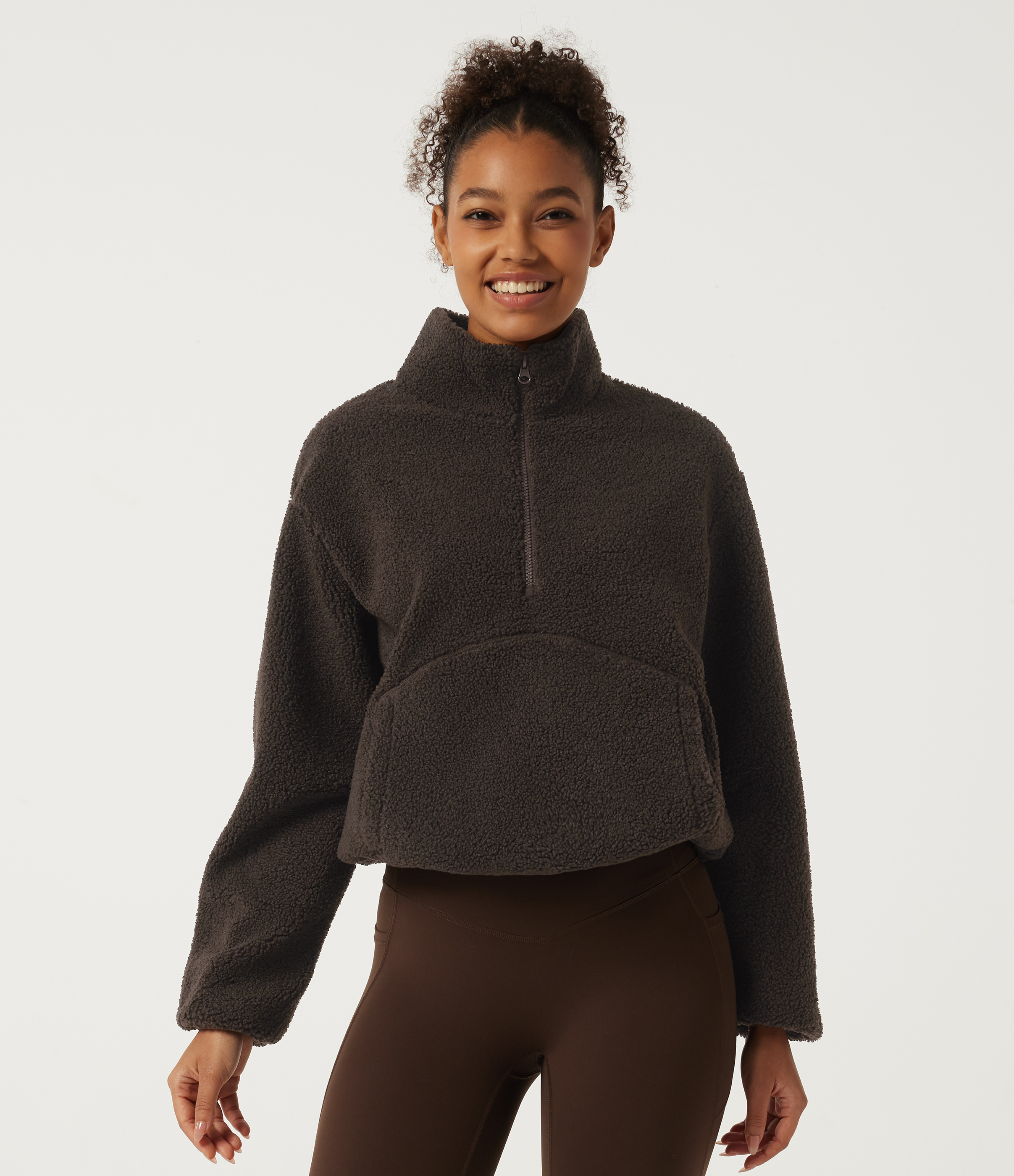 Mock Neck Long Sleeve Gathered Hem Fleece Casual Sweatshirt with Pockets